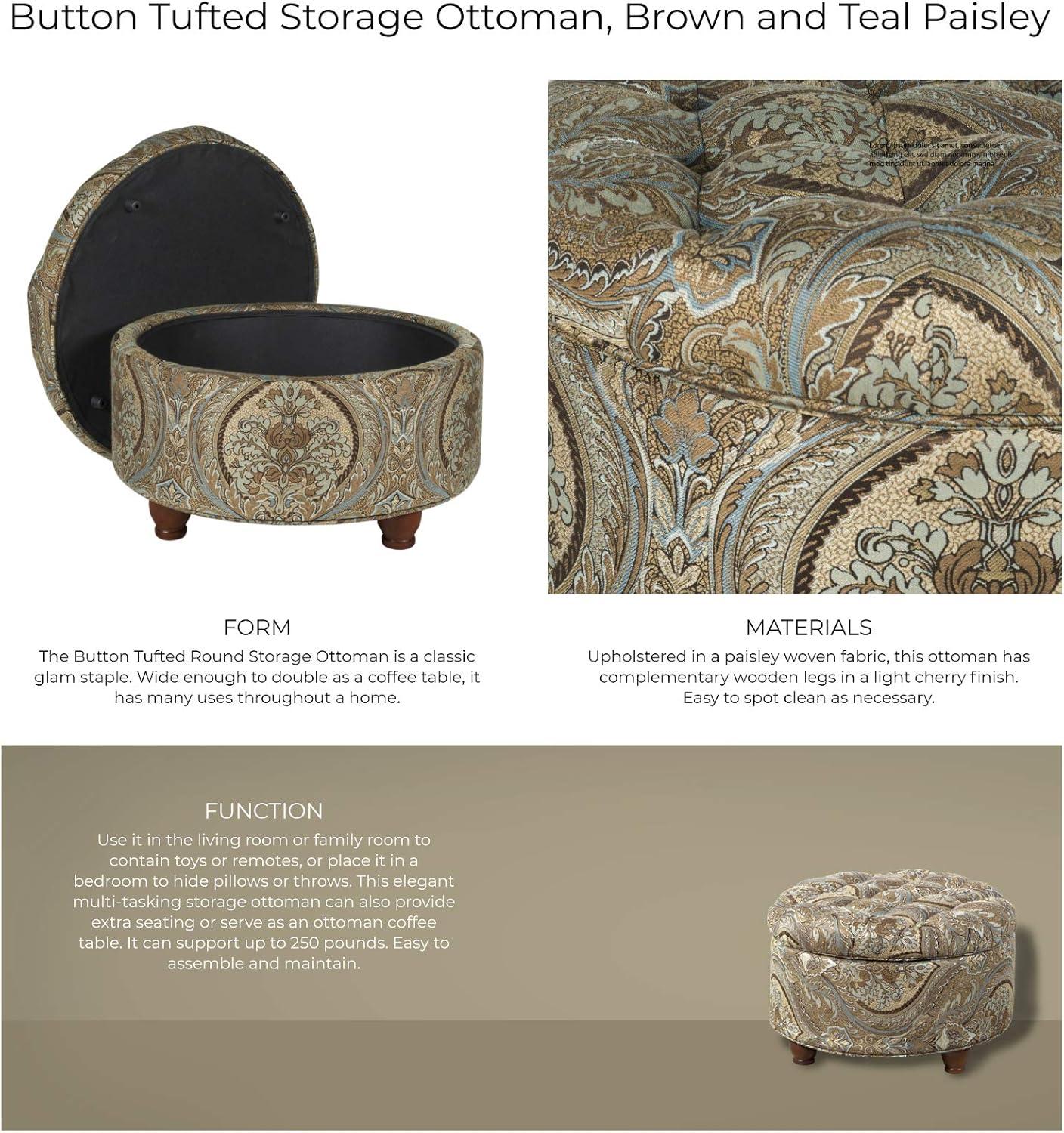 Brown and Teal Paisley Tufted Round Storage Ottoman