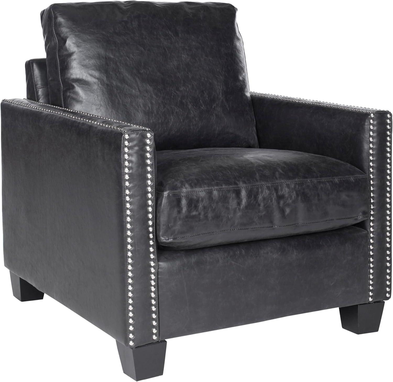 Horace Leather Club Chair  Silver Nail Heads - Antique Black - Safavieh