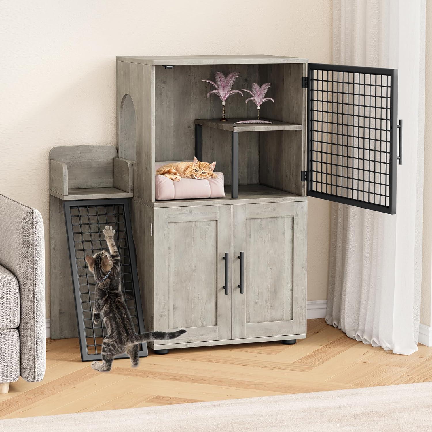 Modern Villa Litter Box Enclosure with Platform, Double Layer Hidden Furniture