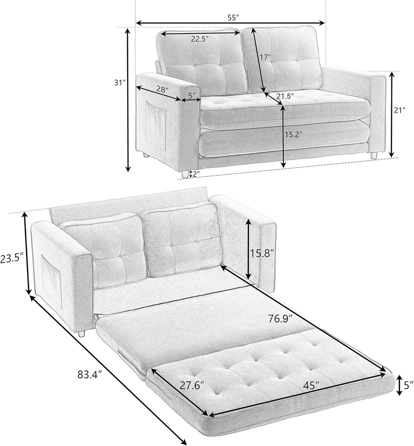 Neretva  Folding Pull Out Sofa Bed, 3 in 1 Convertible Sleeper Couch Floor Sofabed with Side Storage, Linen Upholstered Futon Loveseat Recliner for Living Room, Apartment, Small Space