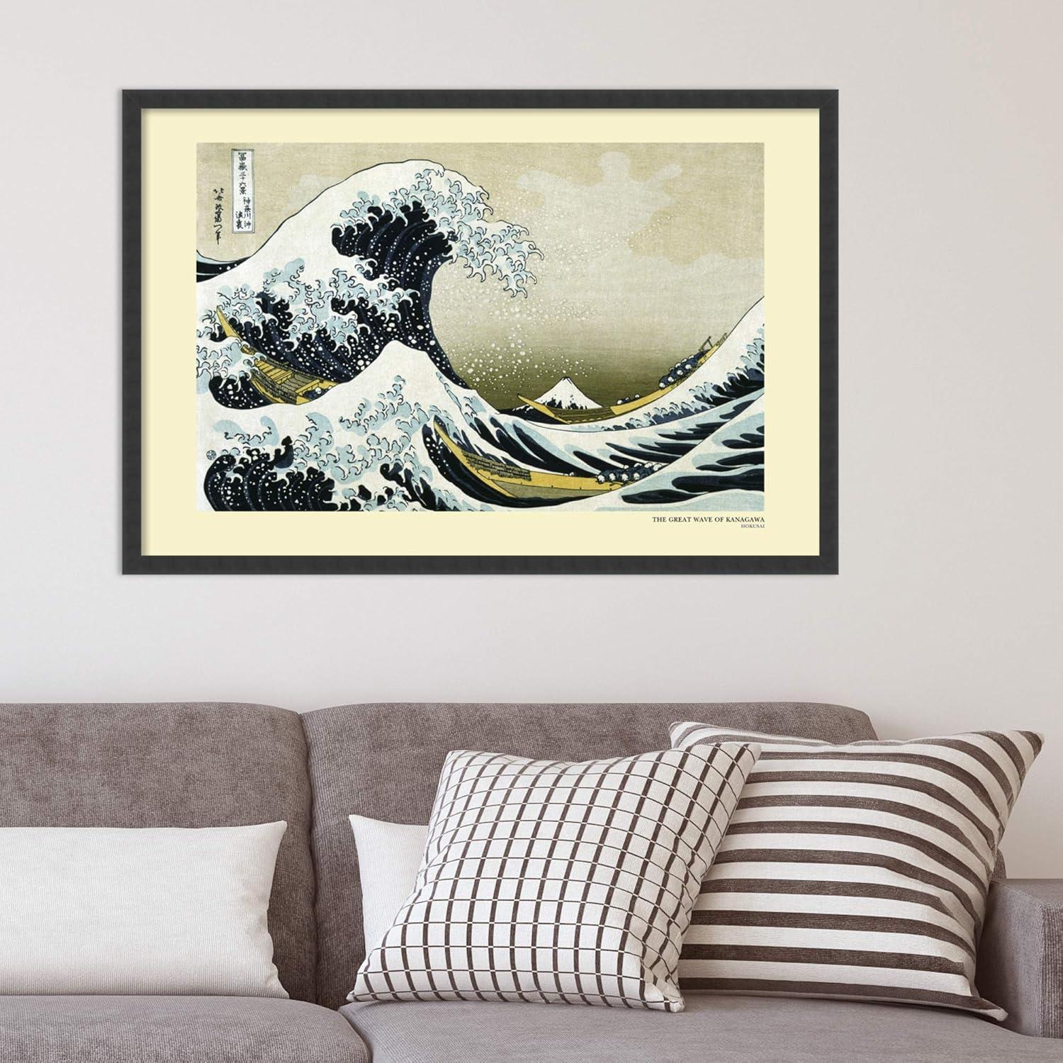 Amanti Art The Great Wave off the Coast of Kanagawa 1831 by Katsushika Hokusai Framed Wall Art Print (37 in. W x 25 in. H), Simply Satin Black Frame