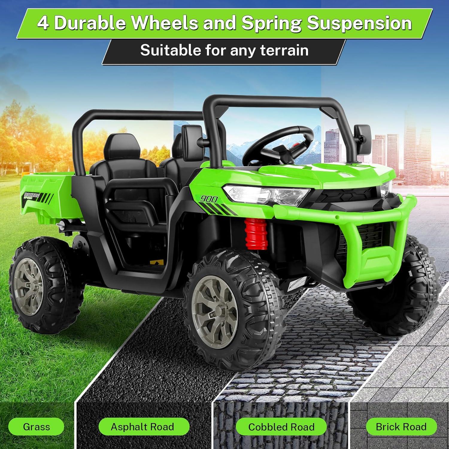 VIBESPARK 24 Volt Ride on Toys with Dump Bed, 2-Seater Ride on Dump Truck, 2×200W Electric Car for Kids Ride on UTV w/ Remote Control, Shovel, Bluetooth, Music, LED Light, 5MPH, Blue