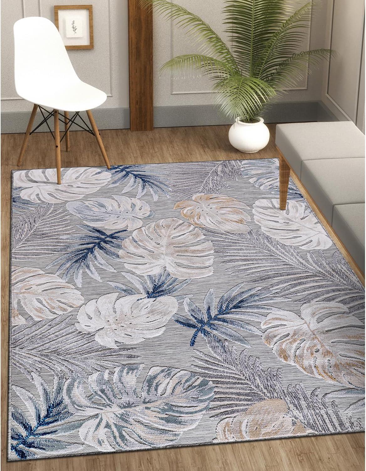 CAMILSON Spring Leaf Tropical Botanical Easy-Cleaning Non-Shedding Washable Outdoor Indoor Area Rug Blue 9x12