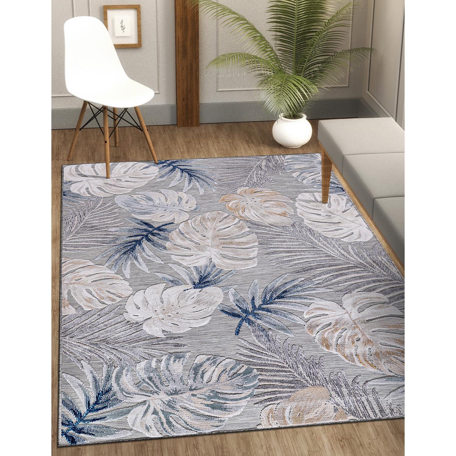 CAMILSON Spring Leaf Tropical Botanical Easy-Cleaning Non-Shedding Washable Outdoor Indoor Area Rug Blue 9x12