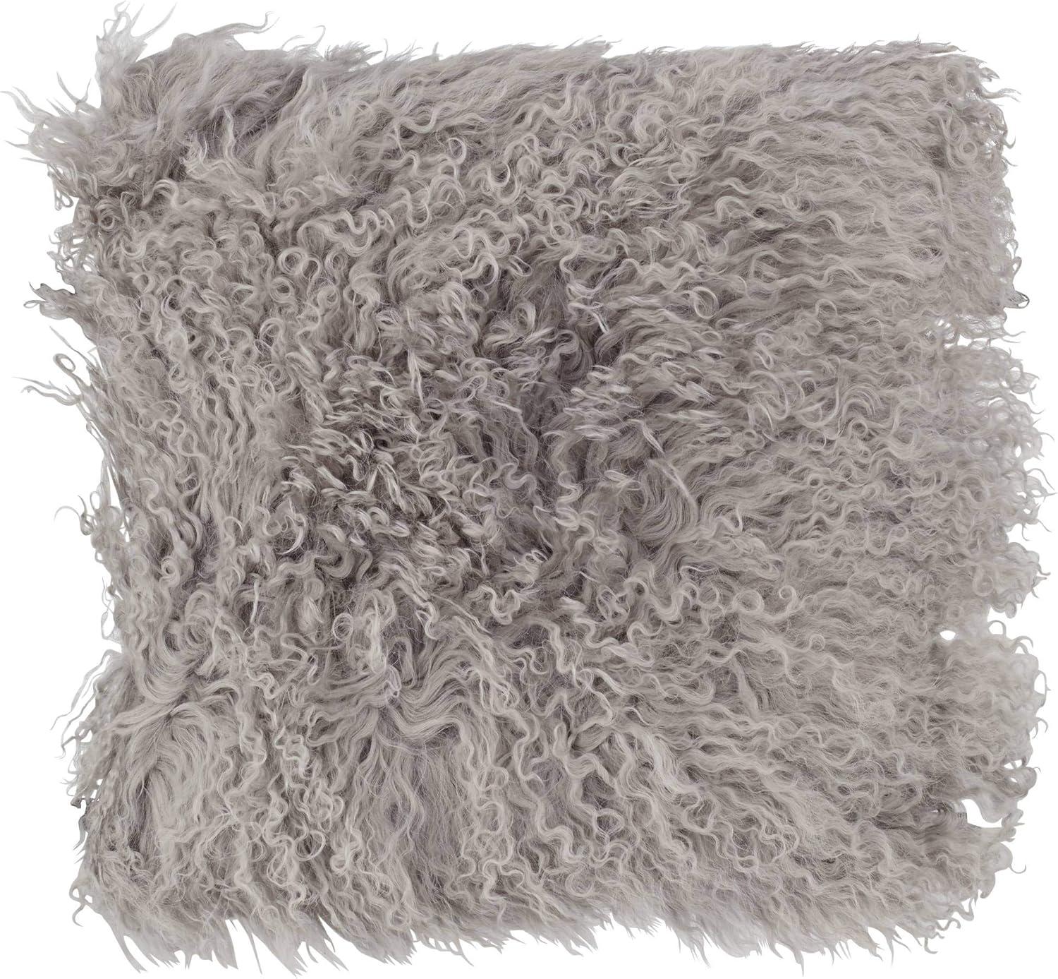 Fog Gray Wool Mongolian Lamb Fur Square Throw Pillow