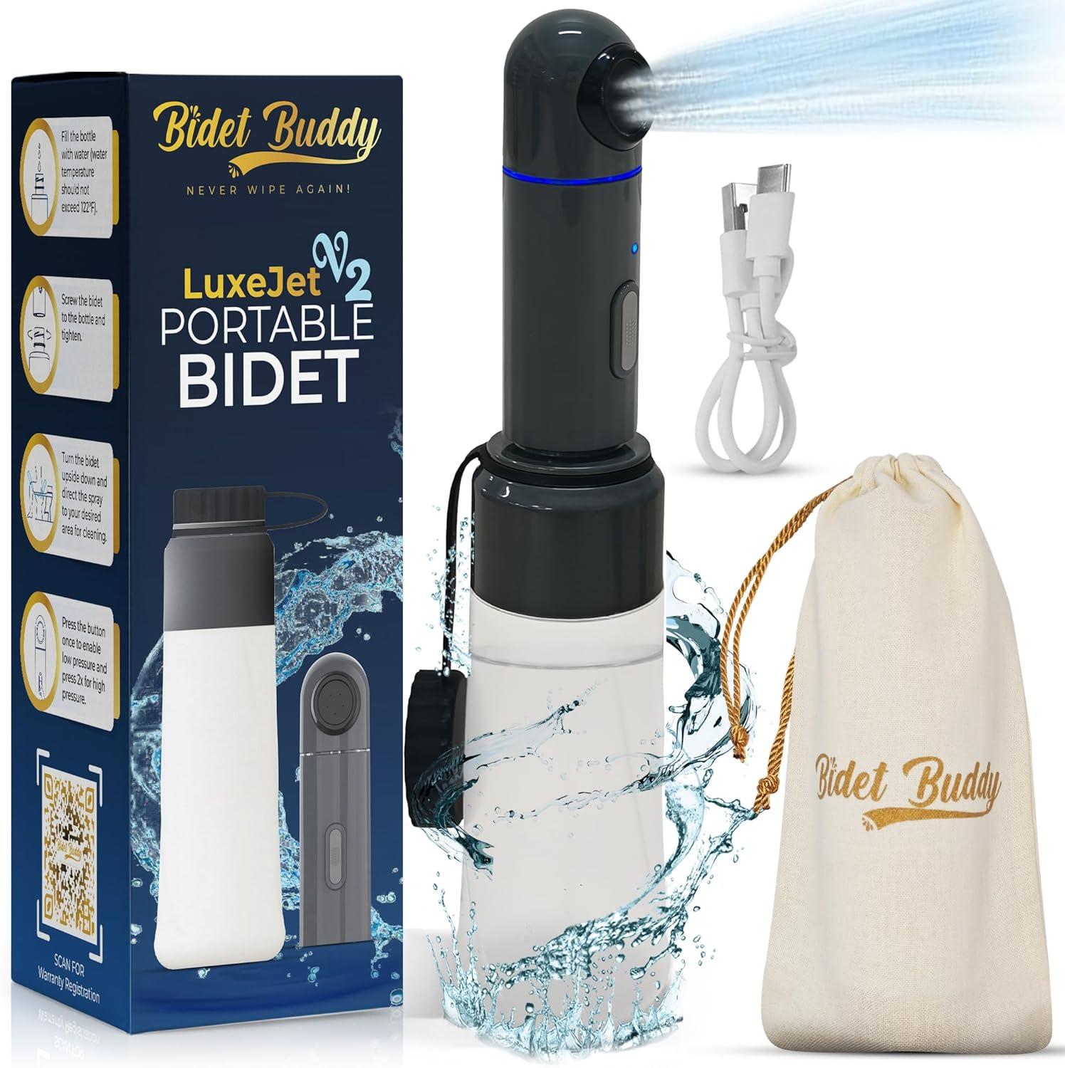 BIDET BUDDY® LuxeJet V2 Portable Bidet for Travel | 300ml/min Flow | 450mAh Battery | 350ML Bottle | IPX7 Waterproof | USB-C Charging | The New & Improved LuxeJet for 2025 with Soft Pressure