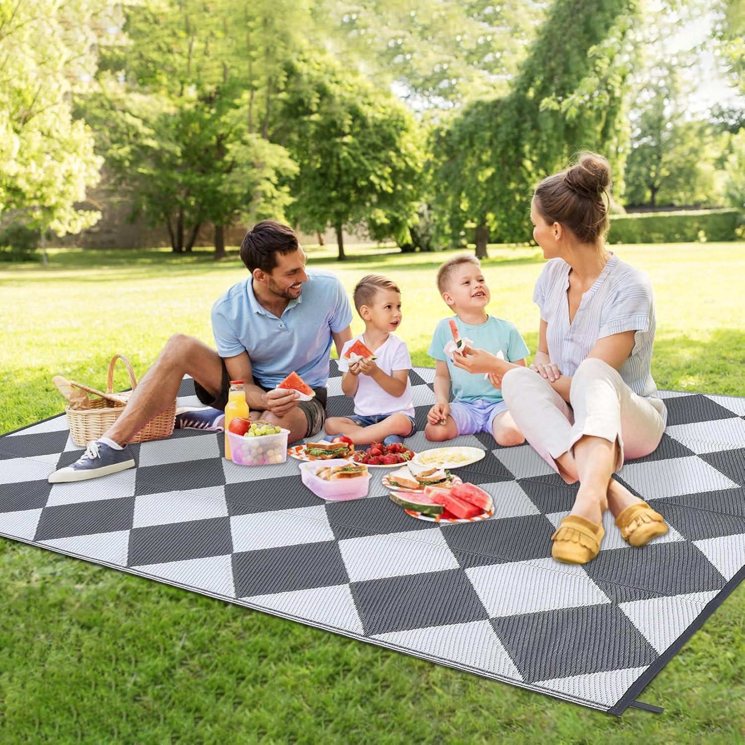 Garvee Waterproof Outdoor Rug 9'x12' Reversible Plastic Patio Rugs, Portable Modern Abstract Indoor Outdoor Carpet for Camping, Balcony, Deck, Backyard, Black & White, with Storage Bag