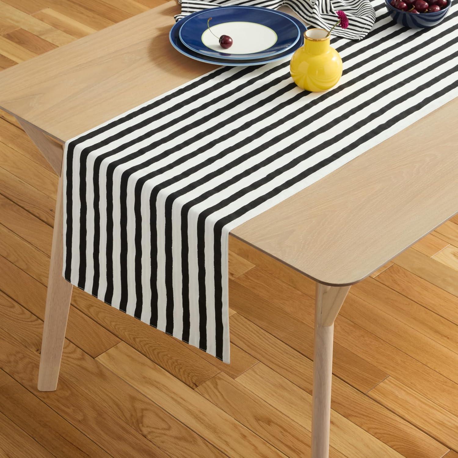 KATE SPADE NEW YORK Hand Painted Shirting Stripe Table Runner 15"x72" Silver/White