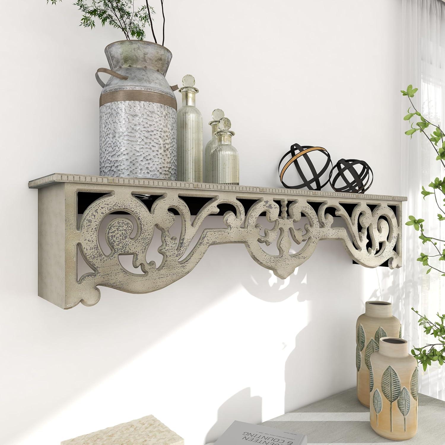 DecMode 48" x 8" 1-Tier Beige Scroll Wall Shelf with Gray Distressing