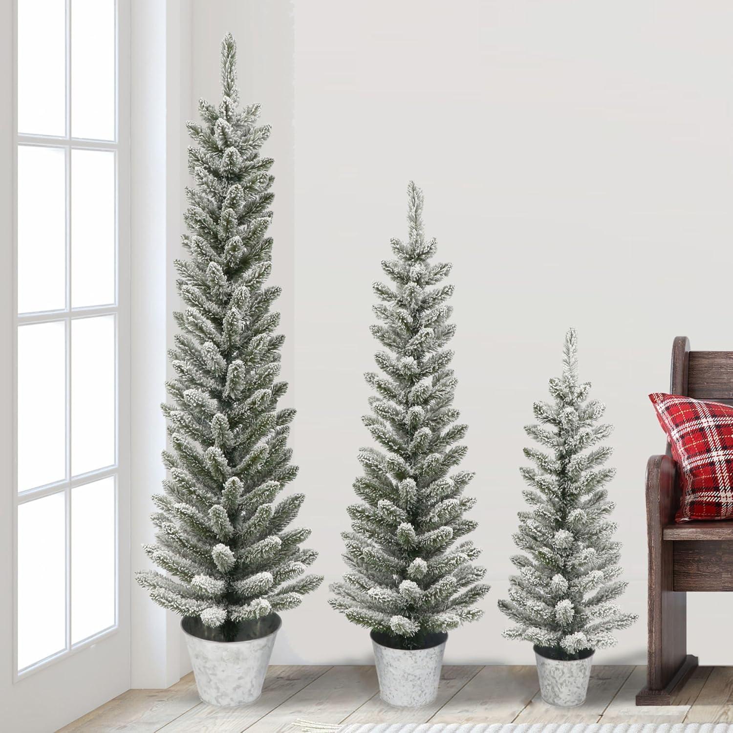 Set of 3 Potted Flocked Pine Pencil Christmas Trees