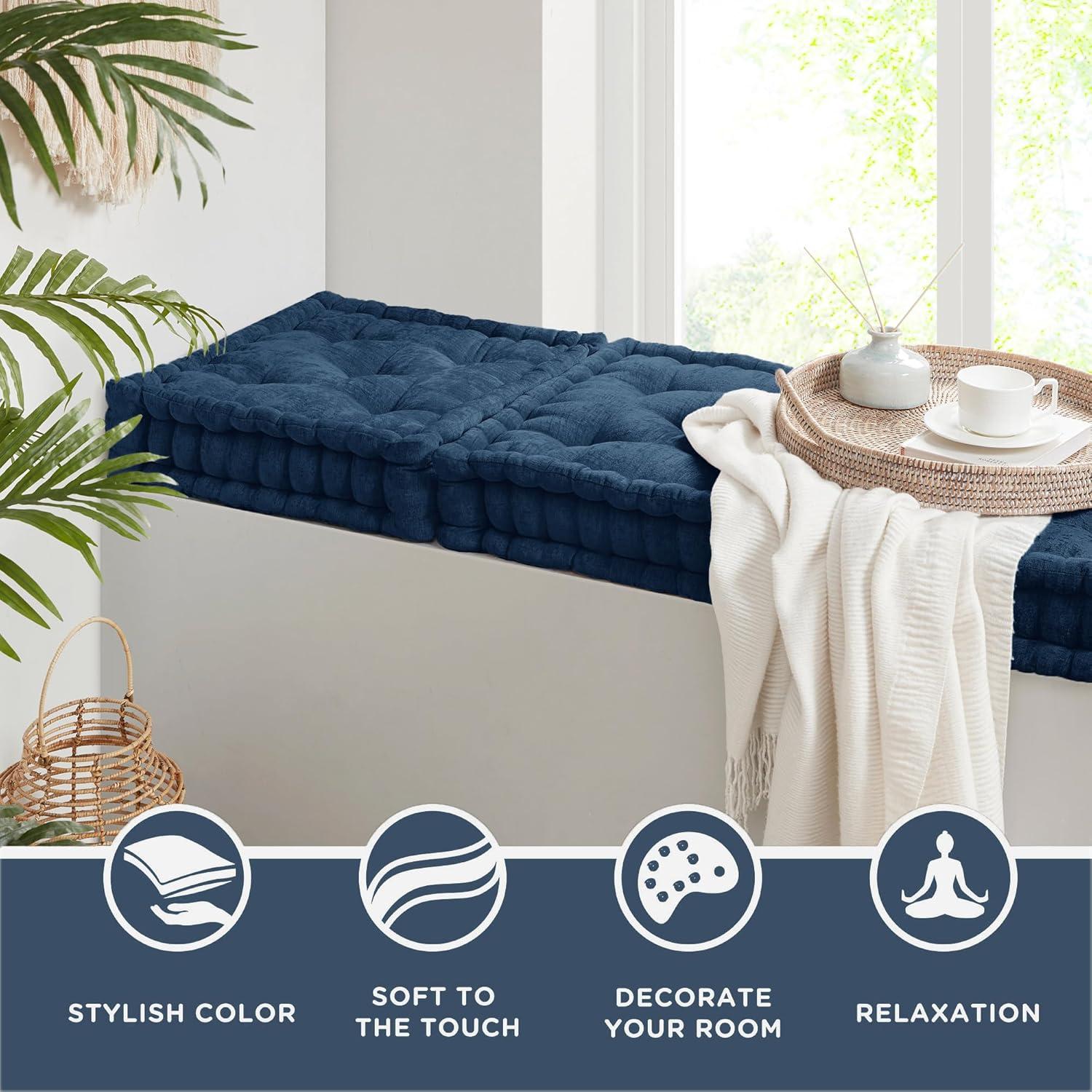 Codi INNA Floor Cushions for Adults, Cute Pillows Seating for Meditation, Square Tufted Chenille Cushion, Living Room, Fireplace, Reading Nook, Navy