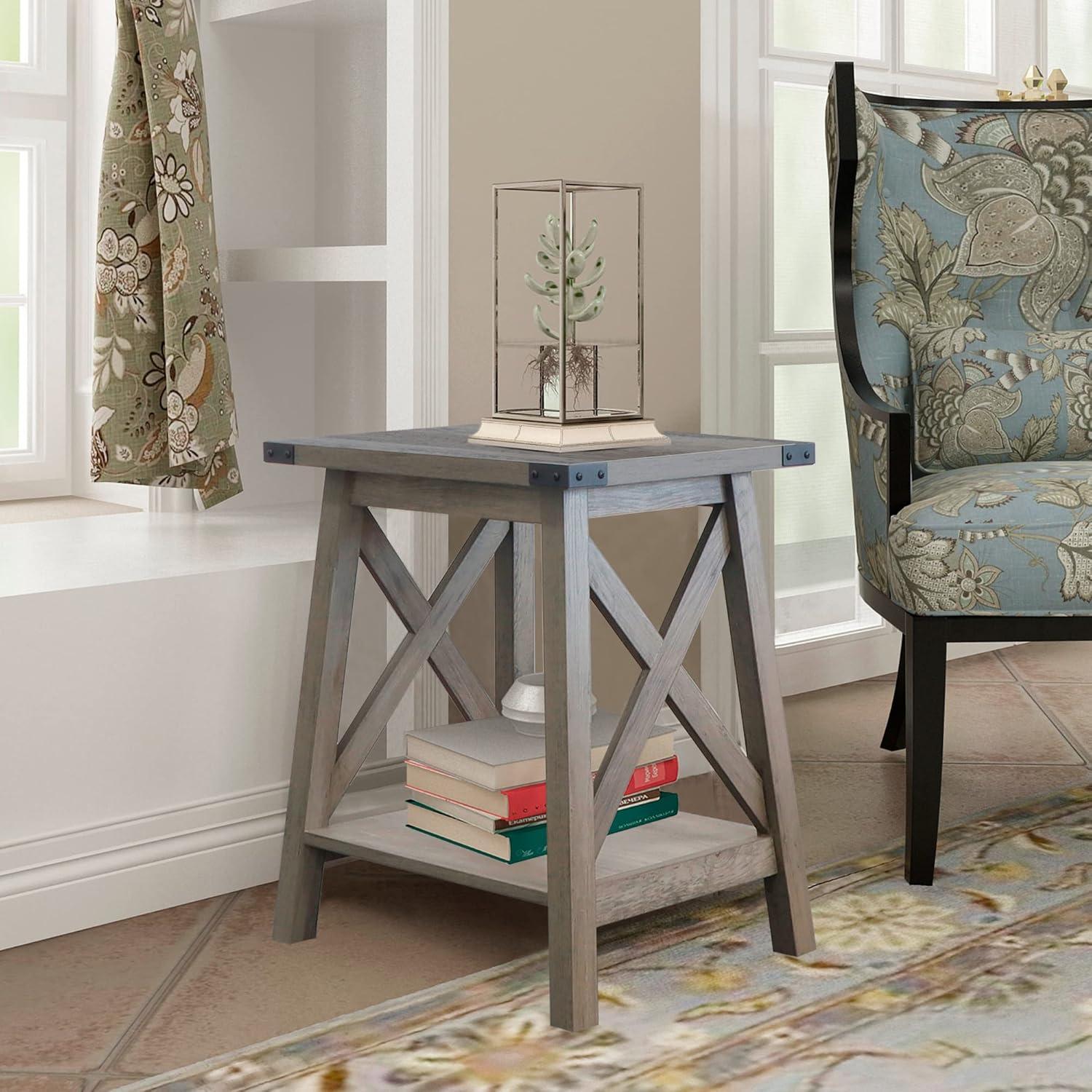 Rainbow Sophia Side Table End Table for Living Room, Farmhouse Accent Wood Nightstand for Bedroom with 2-Tier Storage, Dark Walnut