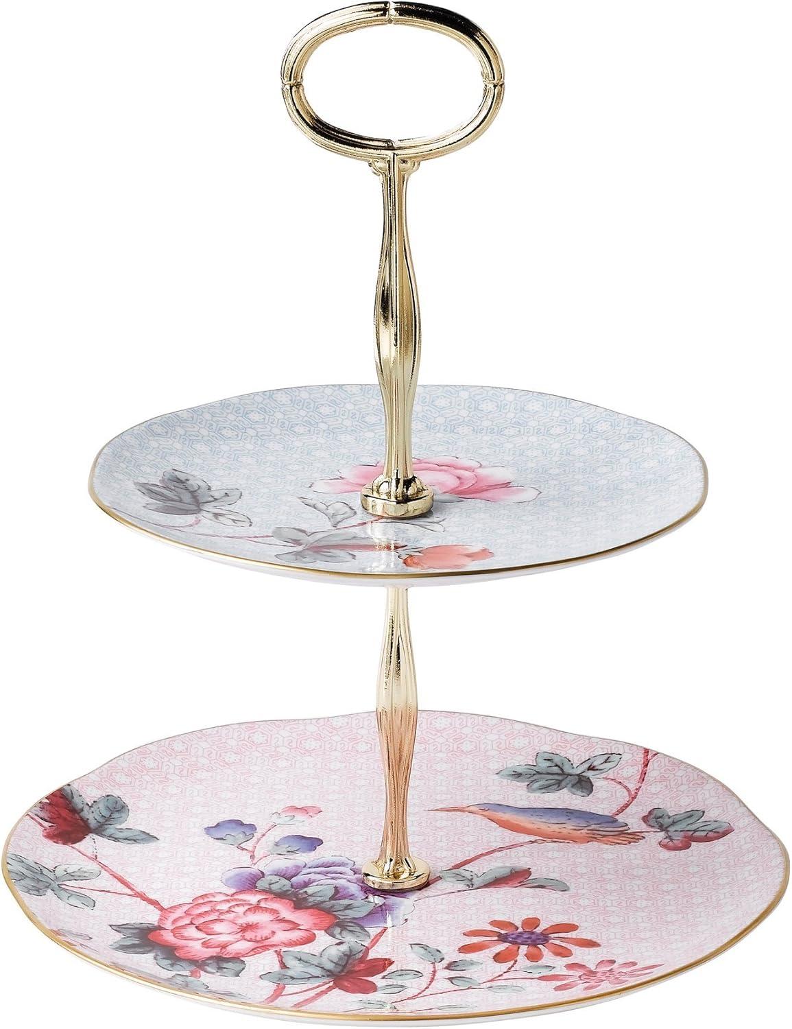 Cuckoo Floral Ceramic Two-Tier Cake Stand with Gold Accents