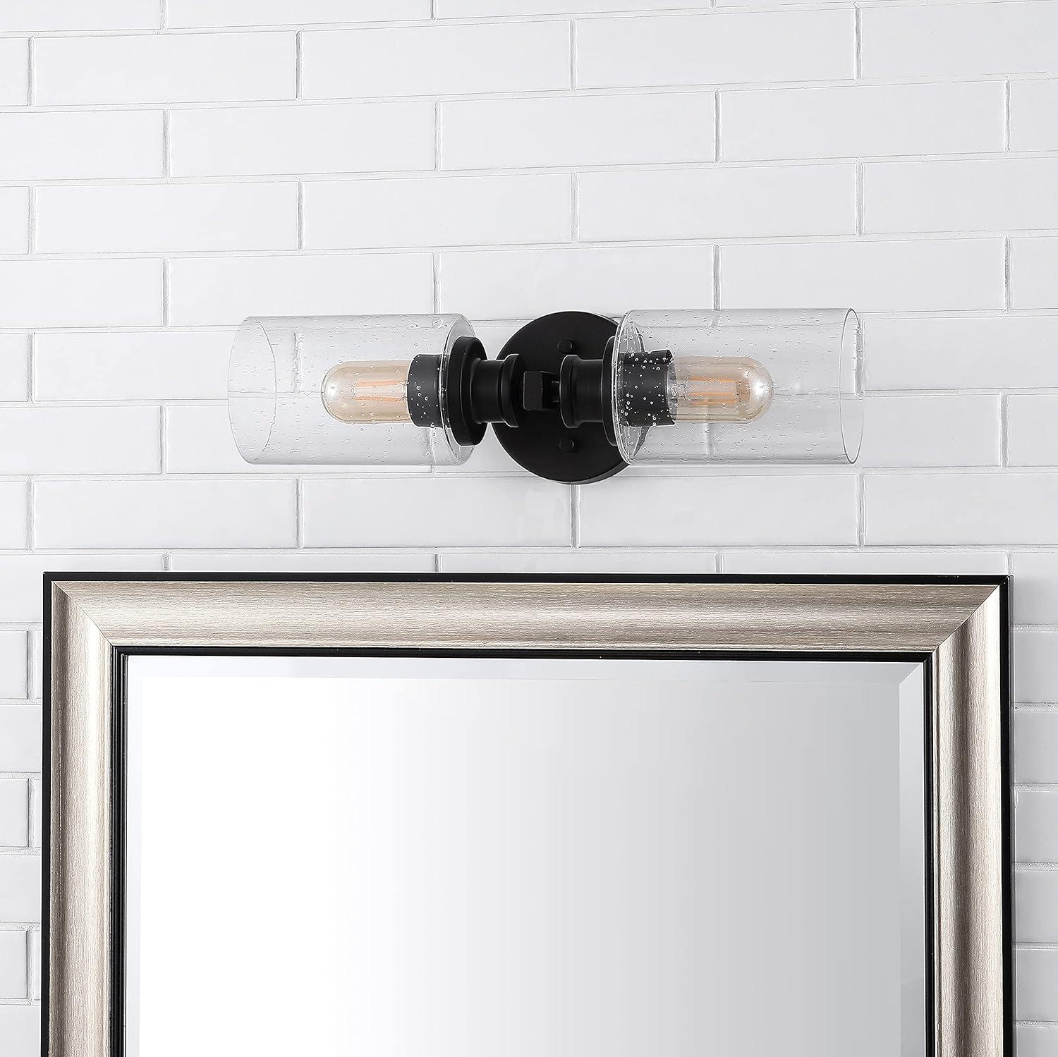JONATHAN Y Jules Edison 16.5" Cylinder 2-Light Iron/Seeded Glass Farmhouse Contemporary LED Wall Sconce, Black