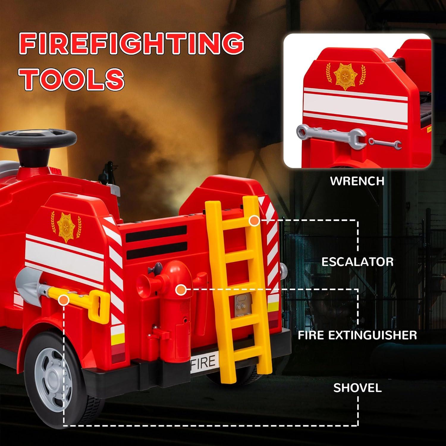 Qaba Qaba 12V Ride on Fire Truck with Siren, Lights, Soft Start, Horn Music, Red