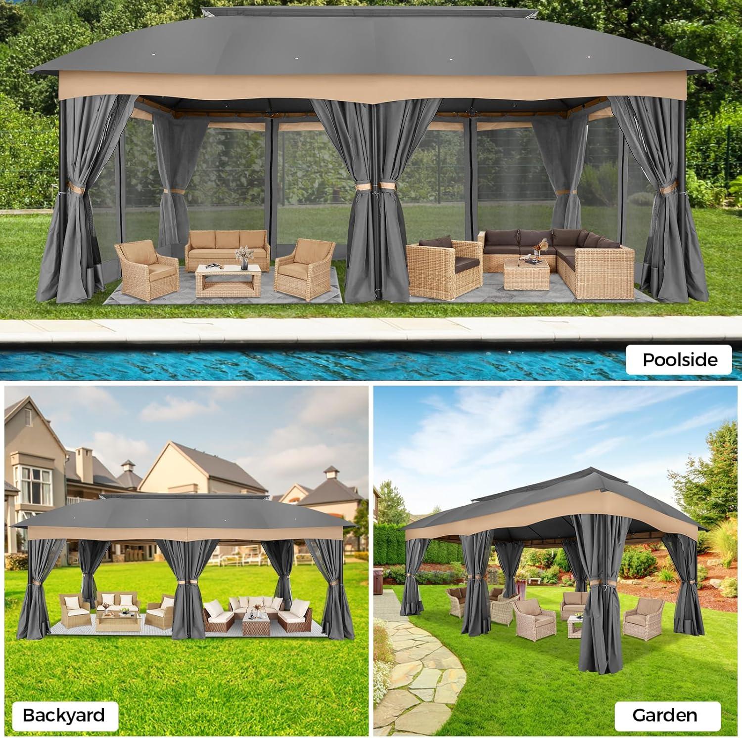 Hoteel 12X20 Heavy Duty Outdoor Patio Gazebo with Mosquito Netting and Curtains, Canopy Tent Deck Gazebo with Double Roofs and Metal Steel Frame for Party, Backyard, Deck, Garden, Gray