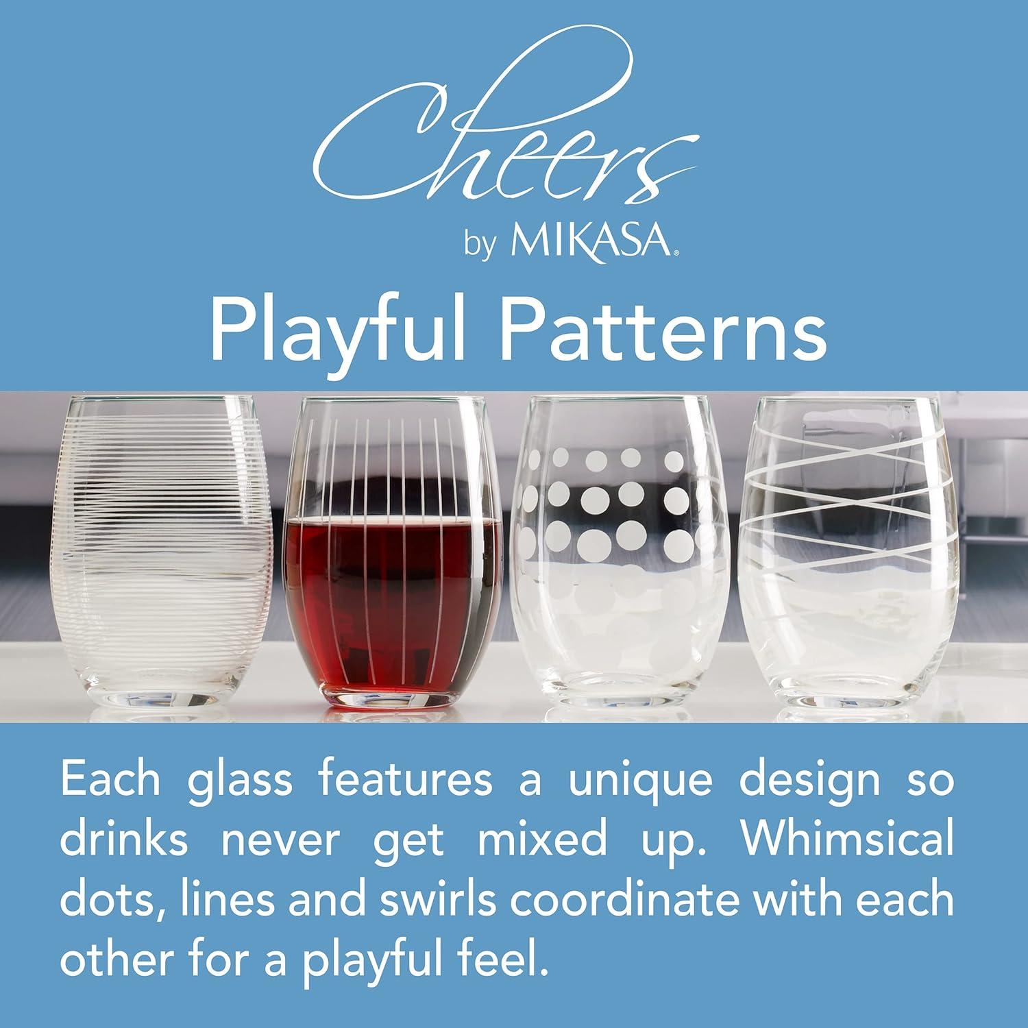 Cheers Stemless Wine Glass Set of 4 - Fun and Charming Designs for Festive Gatherings - Precision-Etched Glasses for Wine, Cocktails, Water, and Juice - Dishwasher Safe - Top Rack