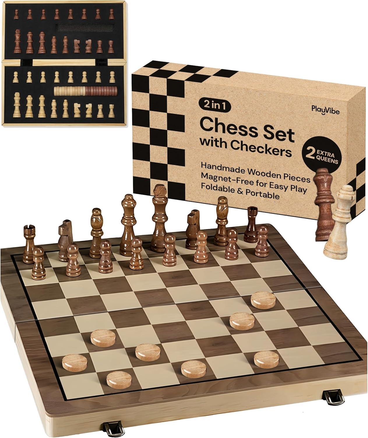 KiddiTouch 15 inch Magnetic Wooden Chess Set 2 in 1 Folding Chess Board Travel Chess Games for Adults and Kids