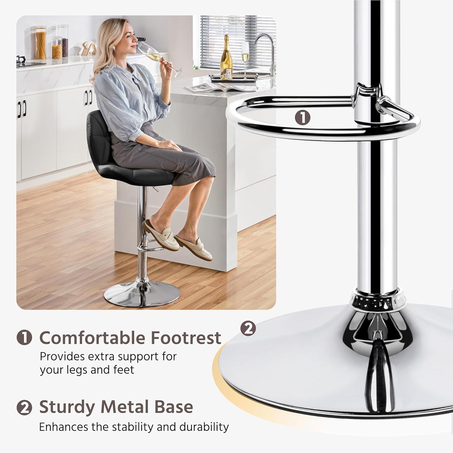 Modern Black Faux Leather Adjustable Swivel Bar Stools, Set of 2