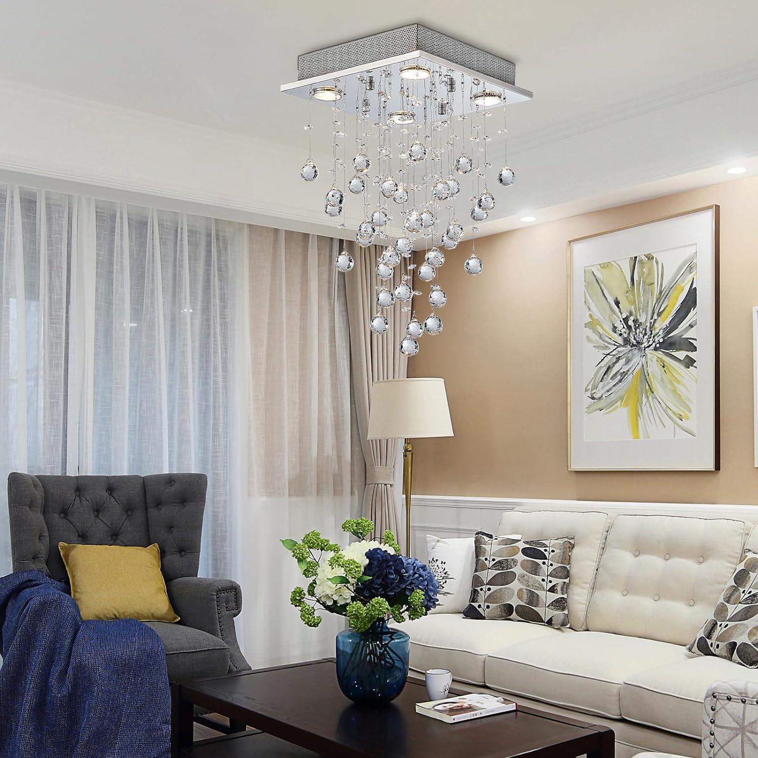 Chrome and Crystal Modern Square Raindrop Chandelier