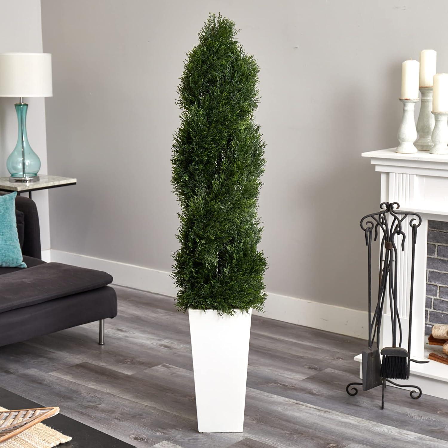 Nearly Natural 5.5ft. Double Pond Cypress Spiral Topiary Artificial Tree in White Tower Planter UV Resistant (Indoor/Outdoor)