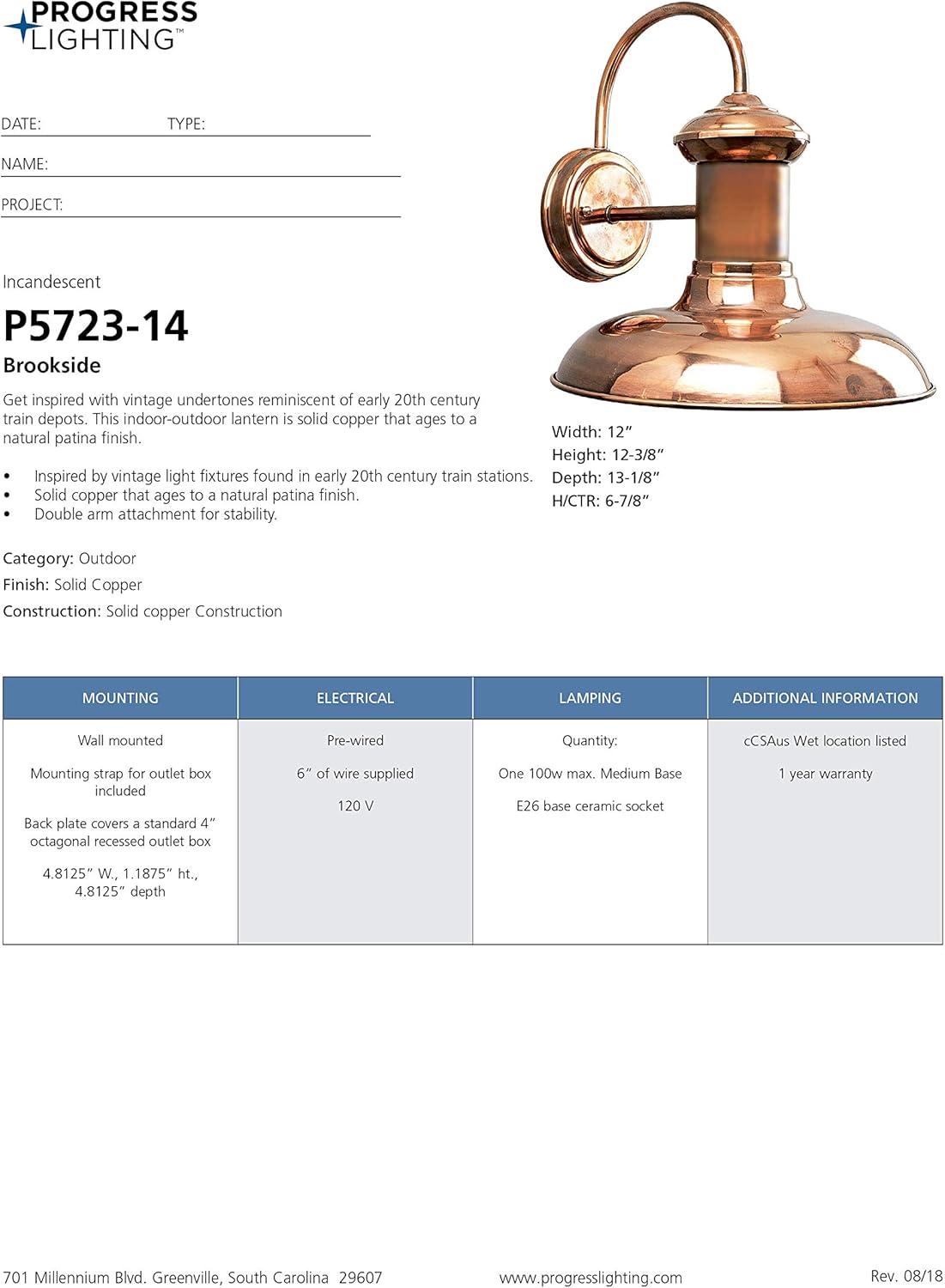 Progress Lighting Brookside 1-Light 12" Copper Wall Lantern