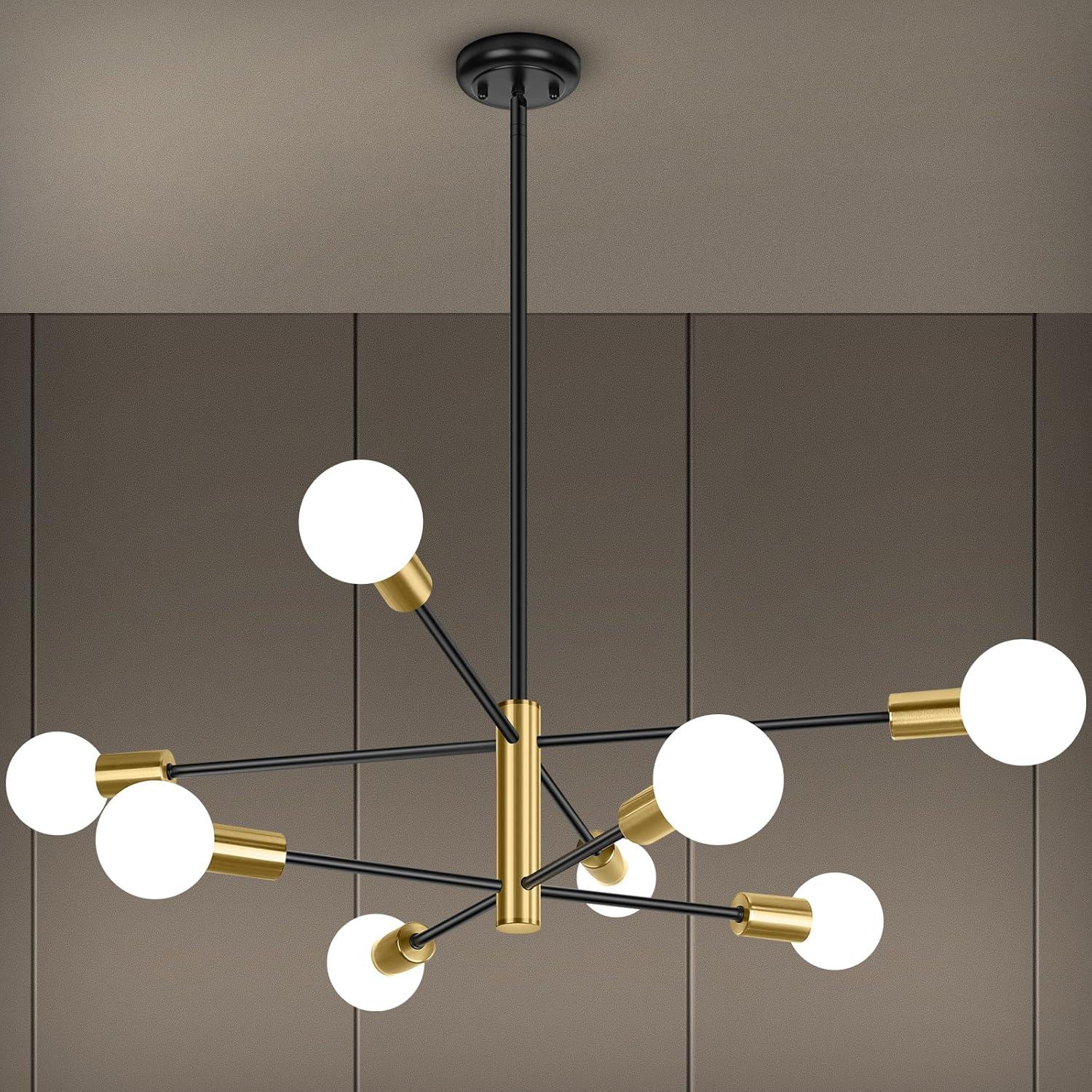 KAISITE Modern Sputnik Chandelier - 8-Light Ceiling Light Fixture Height Adjustable Mid Century Plating Finished Black and Gold Chandelier for Bedroom Living Room Dining Room Kitchen Foyer