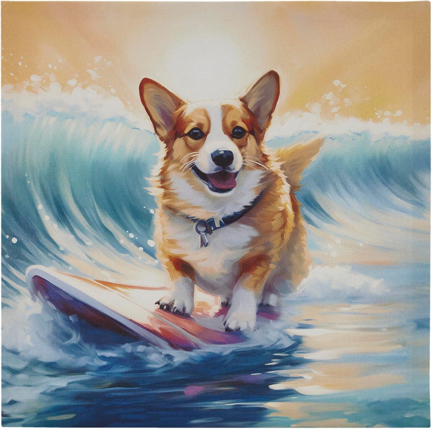 Madison Park 16"x16" Beach Playful Lively Dogs Print Canvas Wall Decor Art Corgi Blue: Farmhouse Style, Animal Theme for Living Room