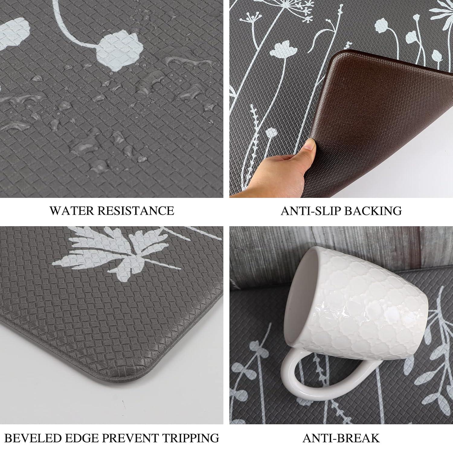 MEBRUDY 2 Pcs Kitchen Rugs and Mats, Cushioned Anti-Fatigue Floor Mat, PVC Non-Slip Waterproof Kitchen Rug Set for Kitchen, Office, Sink 17"x47"+17"x29" (Gray)