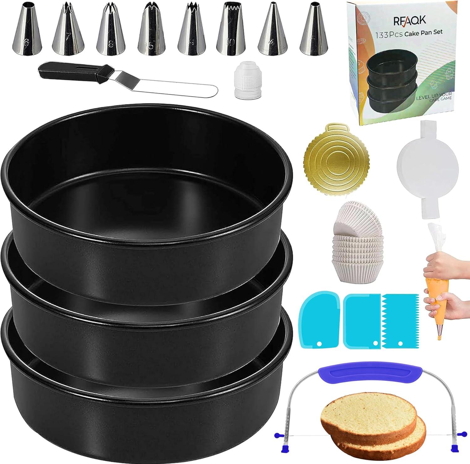RFAQK 133PCs Round Cake Pans Sets for Baking + Cake Decorating Supplies - 3 Non-Stick 8 Inch Cake Pan with Baking Supplies, Piping Tips, Cake Leveler, Icing Spatula and 35 Parchment Papers with eBook