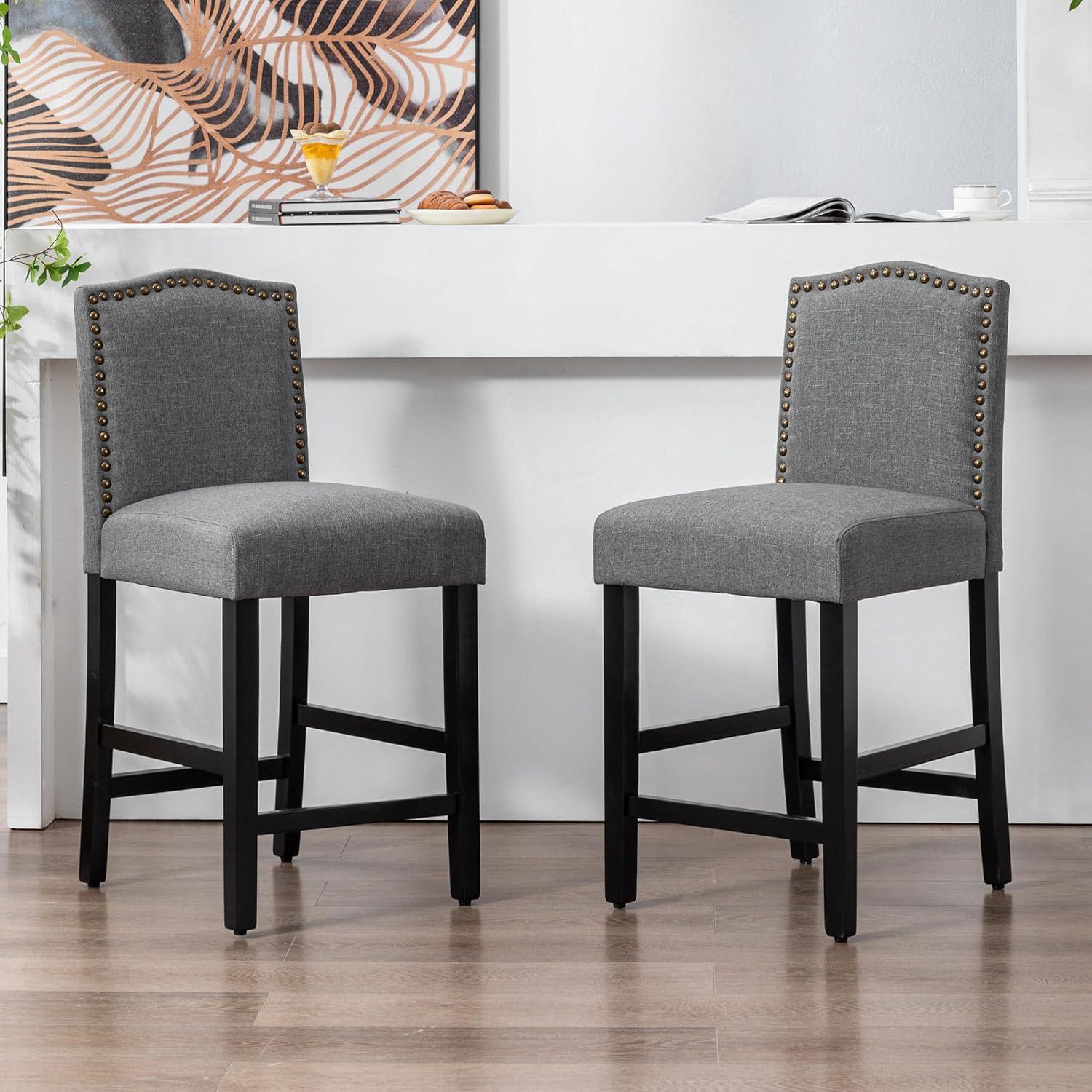 Gray Upholstered 24" Bar Stools with Nailhead Trim, Set of 2