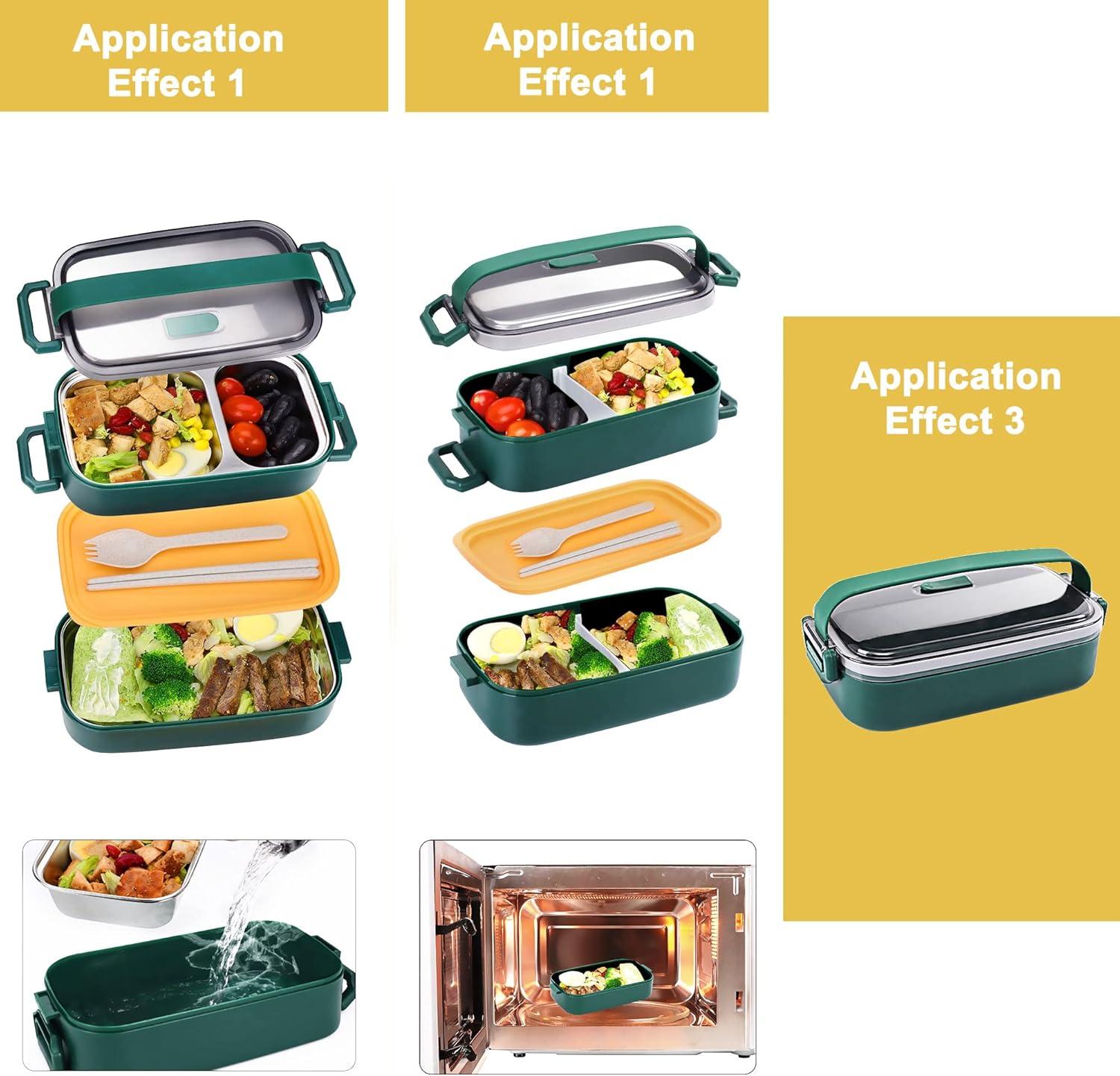 Green 2-Layer Stainless Steel Bento Box with Plastic Trays