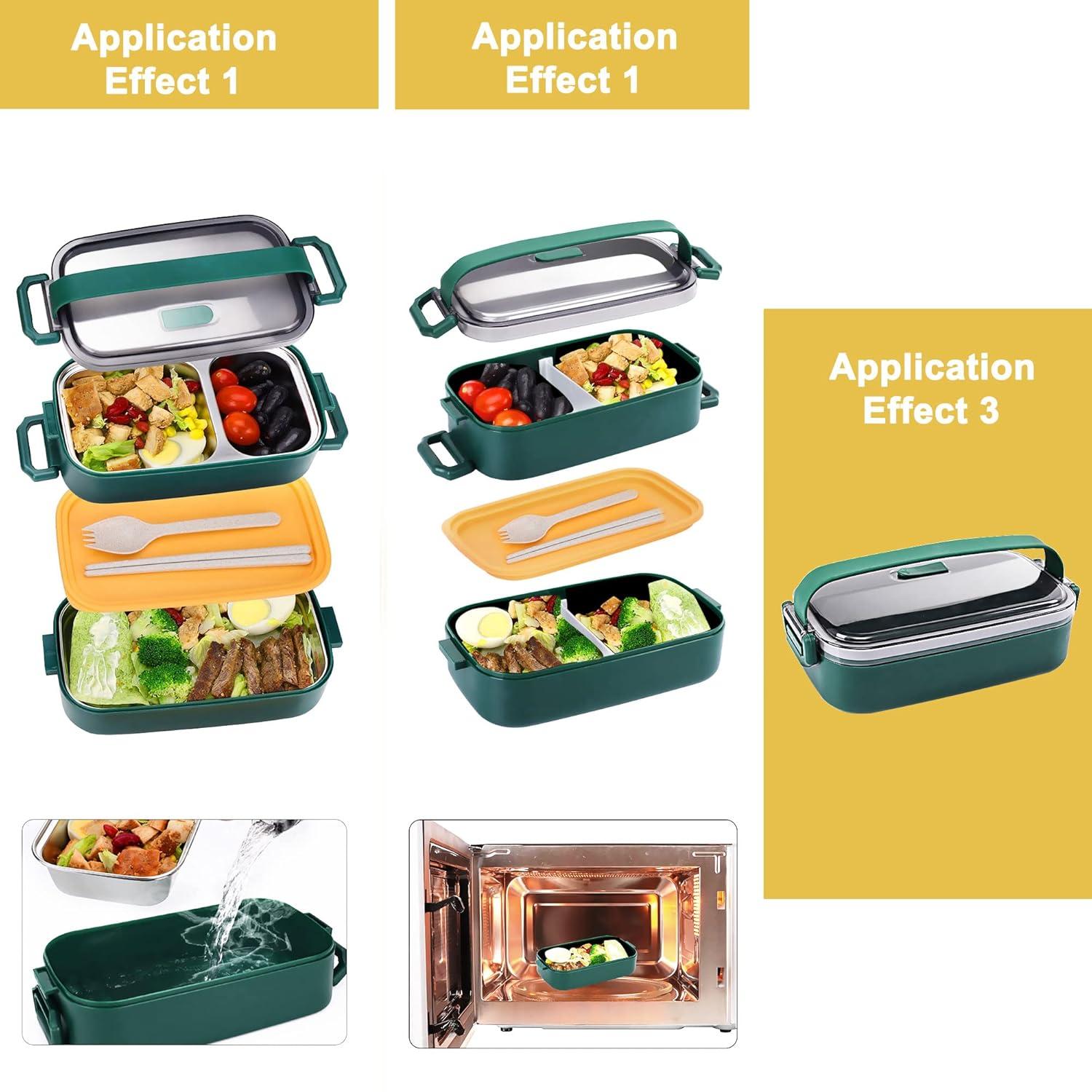 Stainless Steel Bento Box for Adults&Kids,Japanese Leakproof Lunch Box Divided Food Meal Storage Containers Set Stackable 2 Layer for Children School Picnic Green