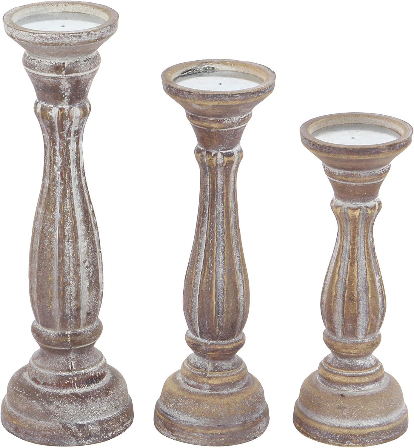 DecMode 3 Candle Brown Wood Candle Holder, Set of 3