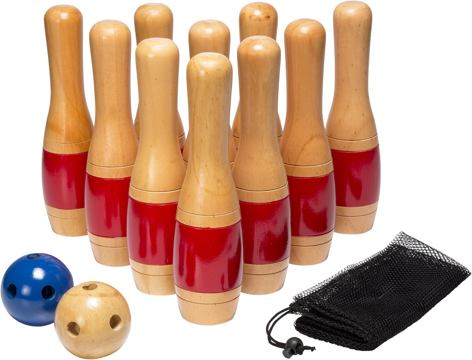 11 Inch Red and Natural Wooden Lawn Bowling Set