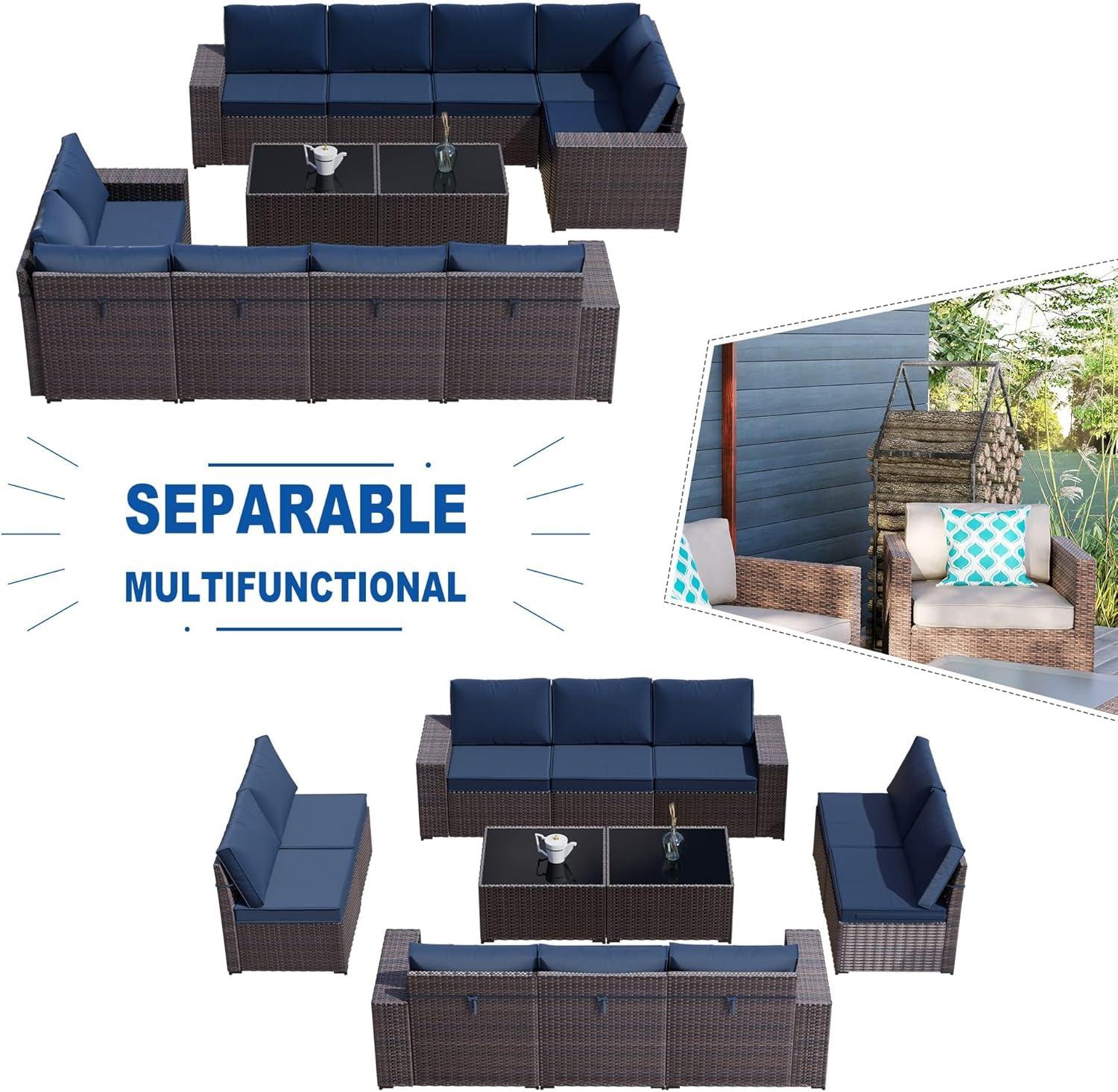 Navy Blue 12-Piece Steel and Rattan Outdoor Sectional Set