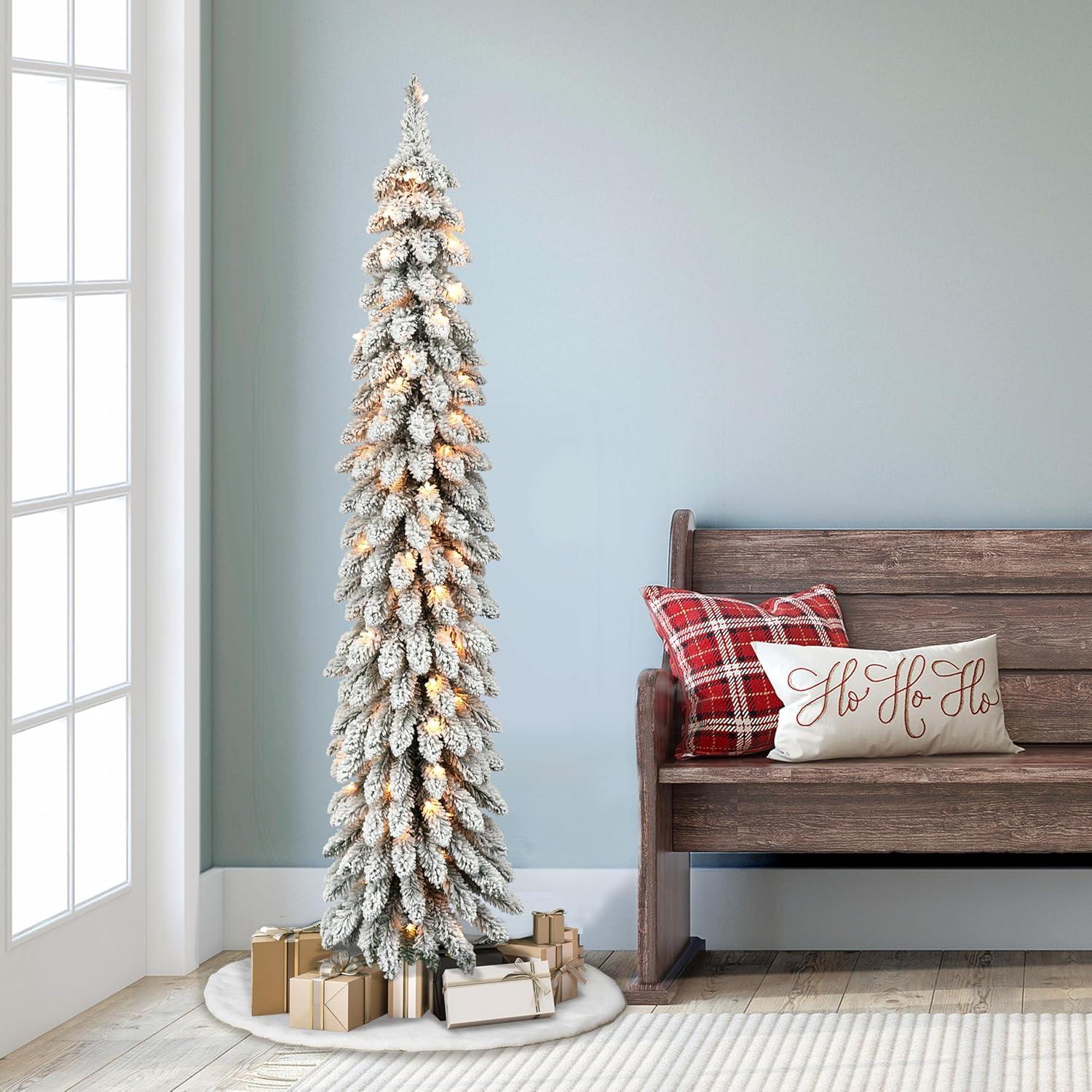 Pre-Lit 5' Flocked Pencil Alpine Artificial Christmas Tree with 70 Lights, Green