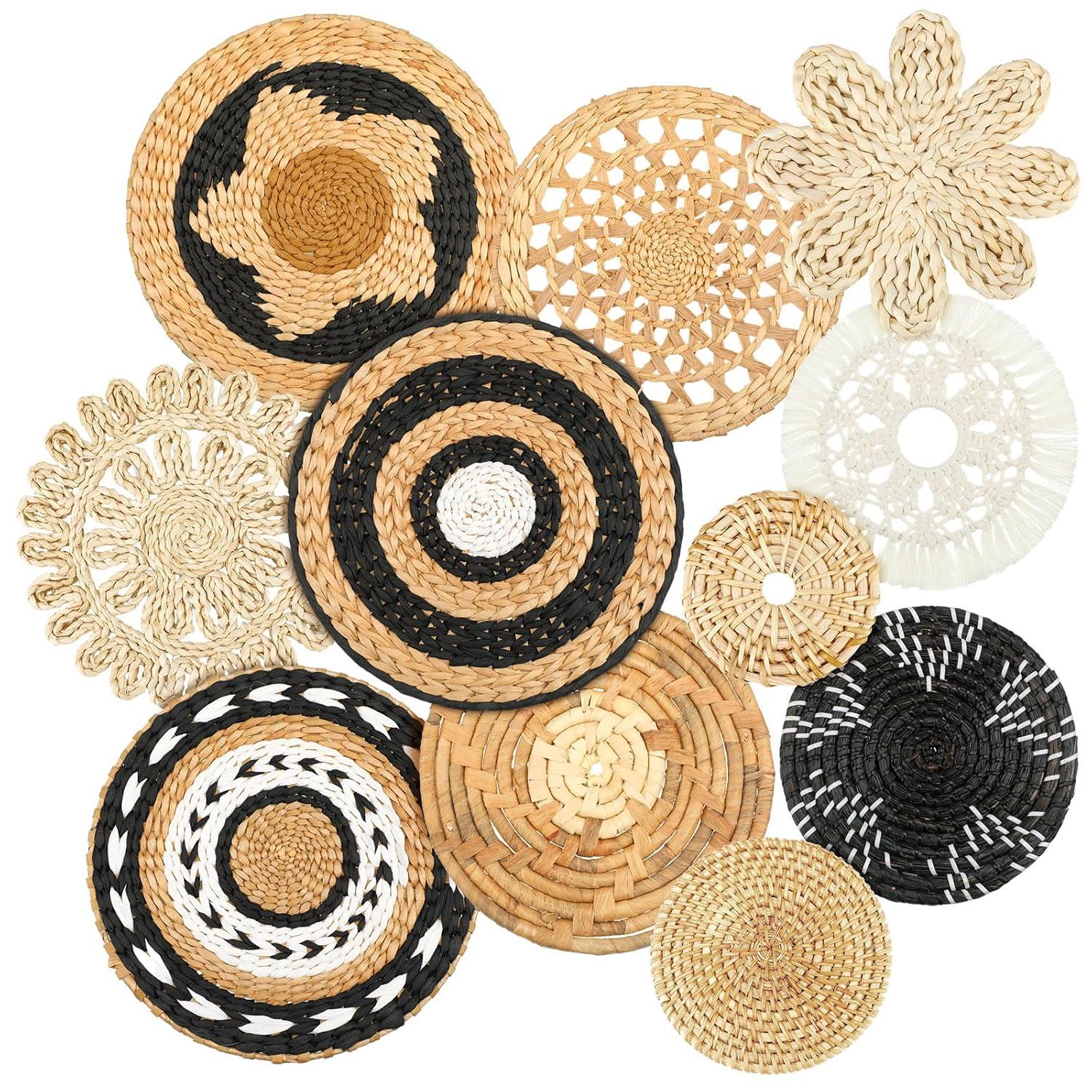 Tatuo 11 Pcs Boho Wall Basket Decor Decorative Bulrush Woven Basket Wall Decor Art Round Farmhouse Hanging Baskets for Kitchen Rustic Home Summer Decorations, Multi Sizes(Retro)