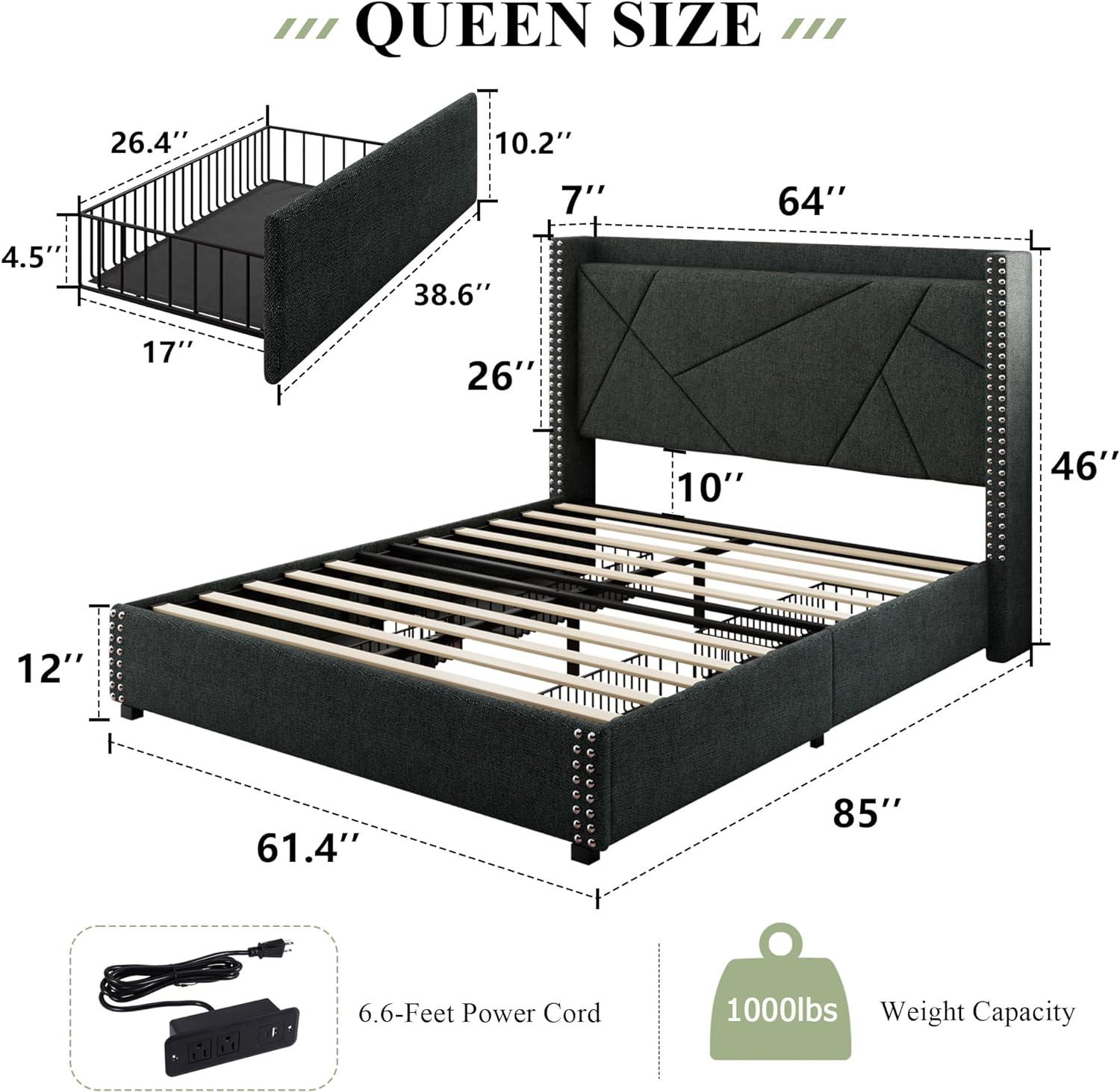 Queen Size Upholstered Linen Storage Bed with Drawers and Slats