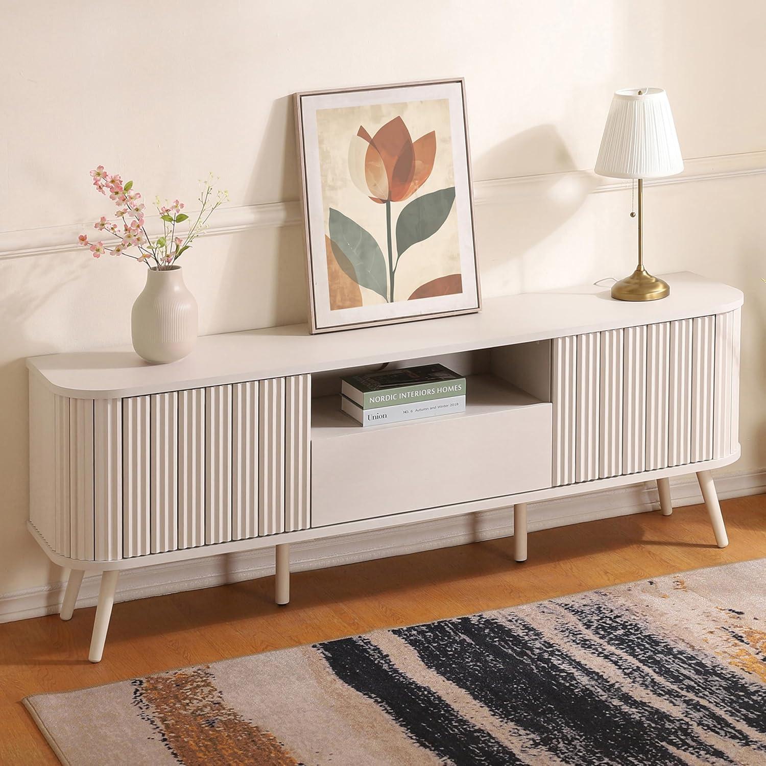 JONATHAN Y Damien 70 in. Farmhouse Curved TV Stand with Drawer and Storage Doors Fits TVs up to 75 in. with Cable Management, Off-White