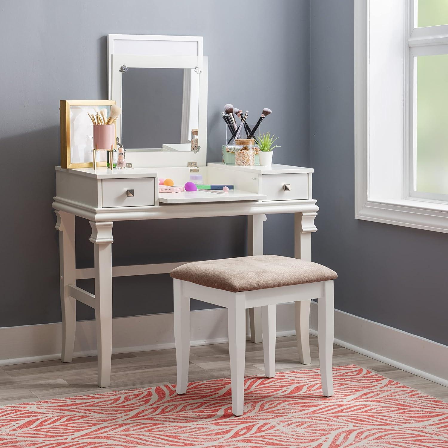 Traditional Angela White Vanity Set with Curved Legs and Bench