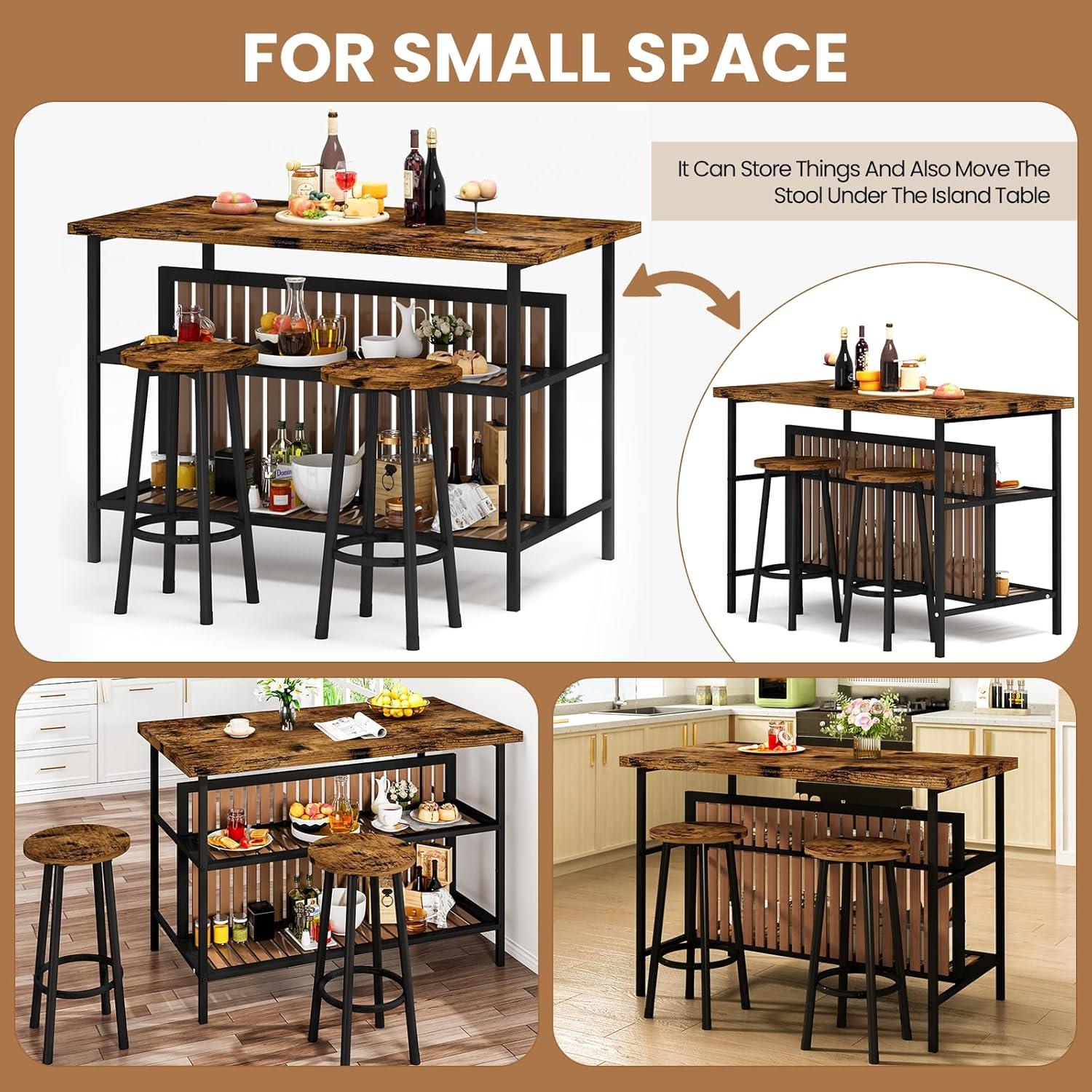DKLGG Kitchen Island with Storage, 3 Piece Dining Table Set with 2 Tier Storage Shelves, Bar Table with Barstool, Sturdy Island Table with Chairs for Restaurant, Living Room