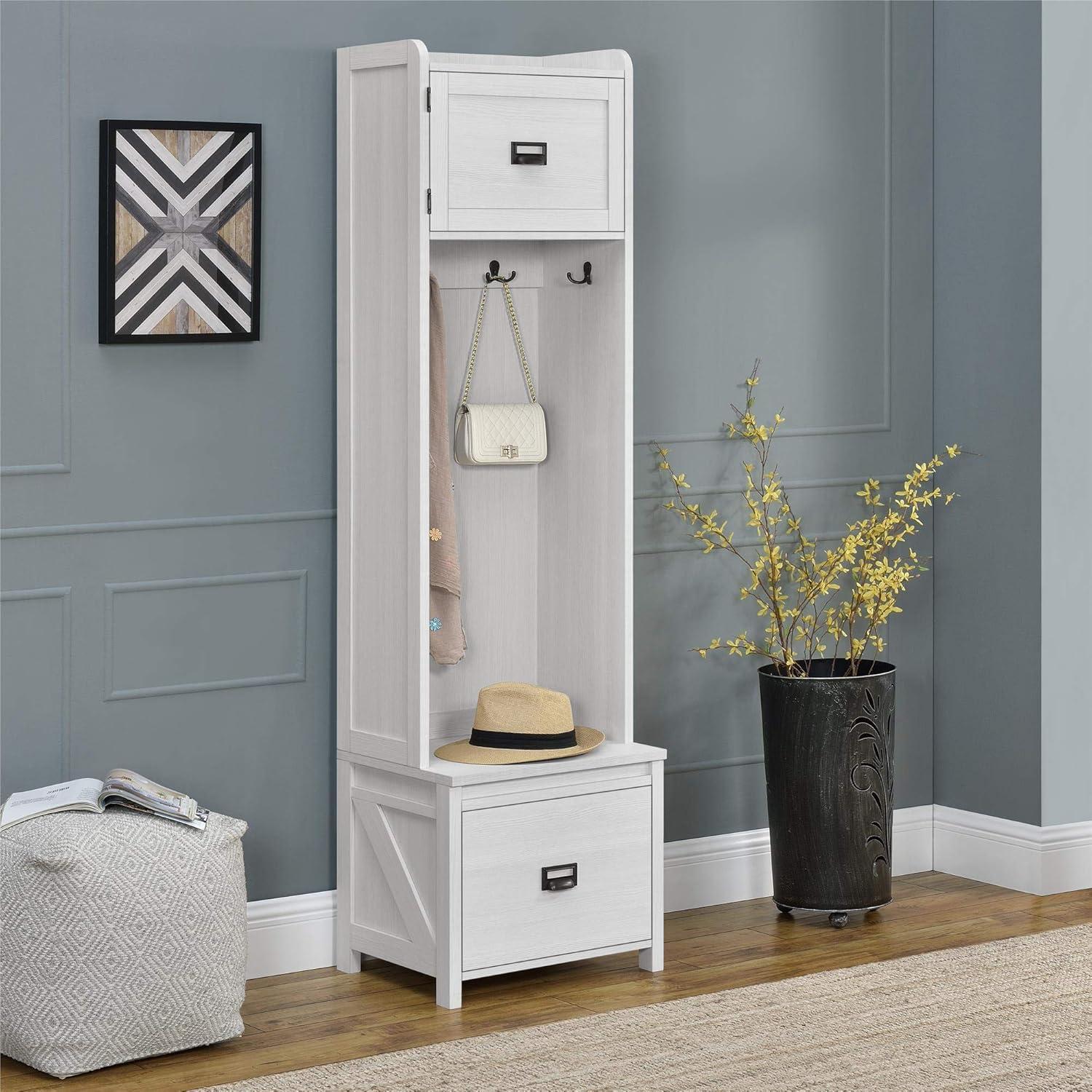 Farmington Entryway Hall Tree with Storage Bench, Ivory Pine