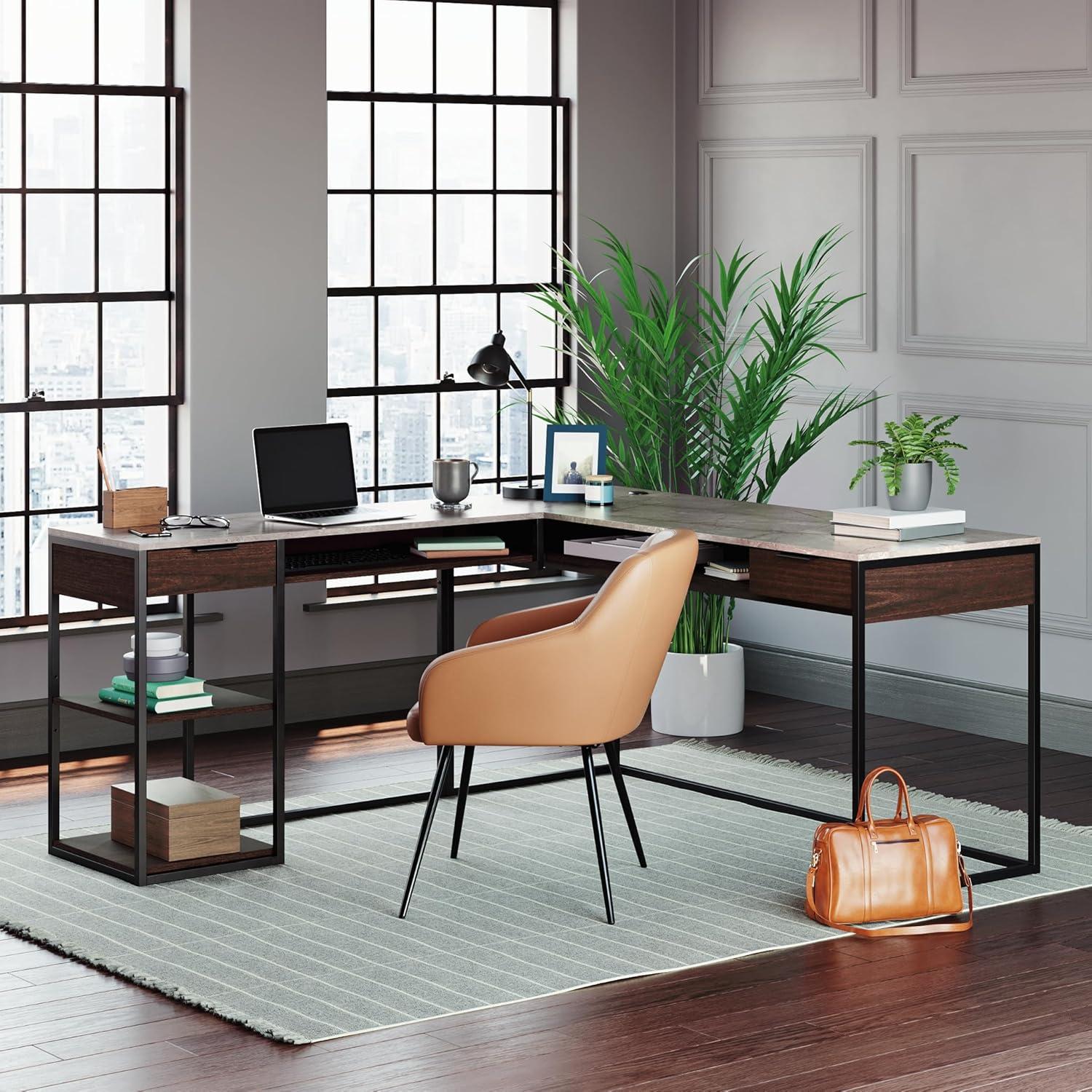 Umber Wood L-Shaped Corner Desk with Drawers and Keyboard Tray