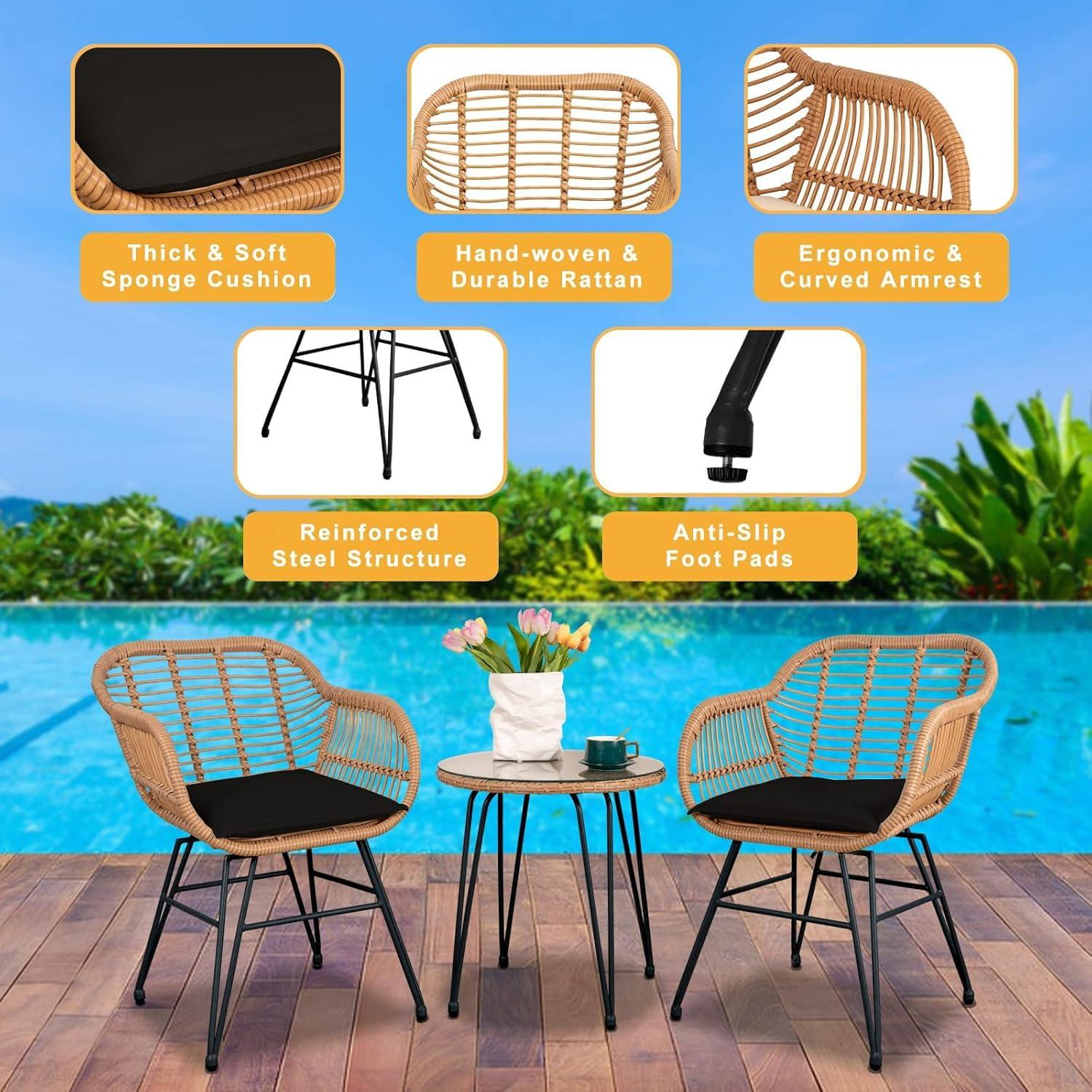 3 Piece Outdoor Wicker Furniture Patio Bistro Set, Balcony Furniture Rattan Conversation Sets, Outdoor Patio Chairs Set for Porch Poolside Garden, Black