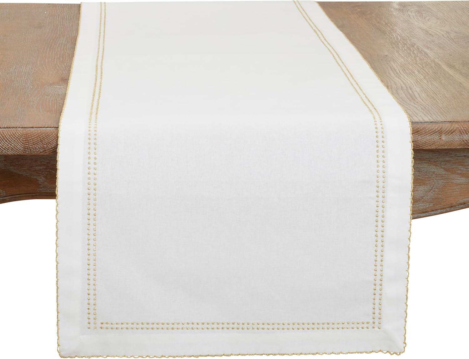 White Cotton Rectangle Table Runner with Gold Embroidery