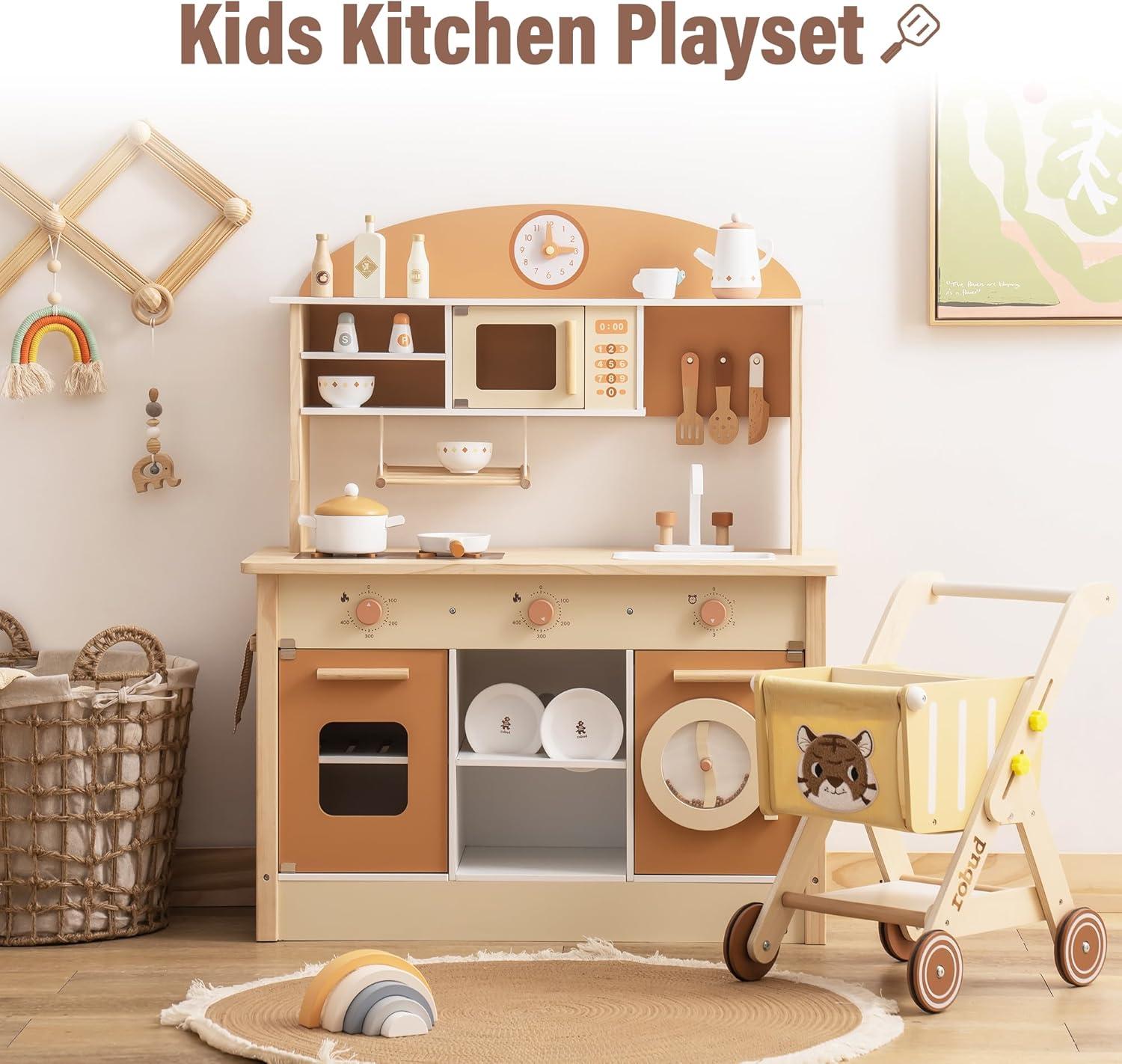 ROBUD Solid Wood Play Kitchen & Accessories Set, Preschool Kitchen Set, Kids Kitchen Playset