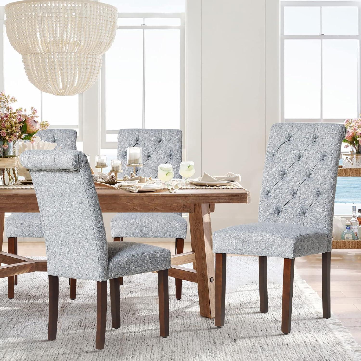 Blue Bubble Linen Upholstered Parsons Dining Chairs, Set of 4