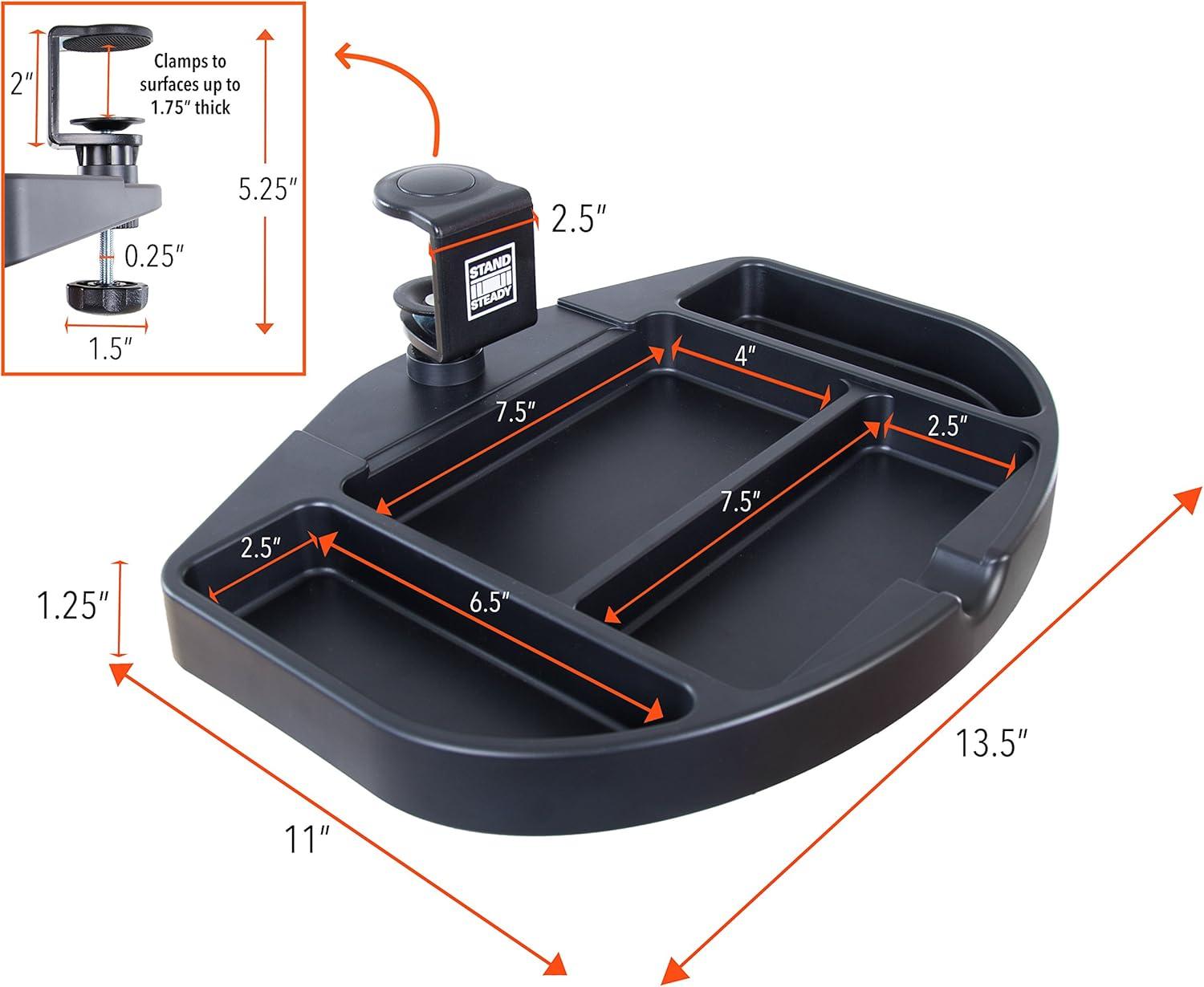 Clamp-On Desk Organizer – 13.5” Swivel Pen Tray with 4 Storage Compartments – Black – Stand Steady