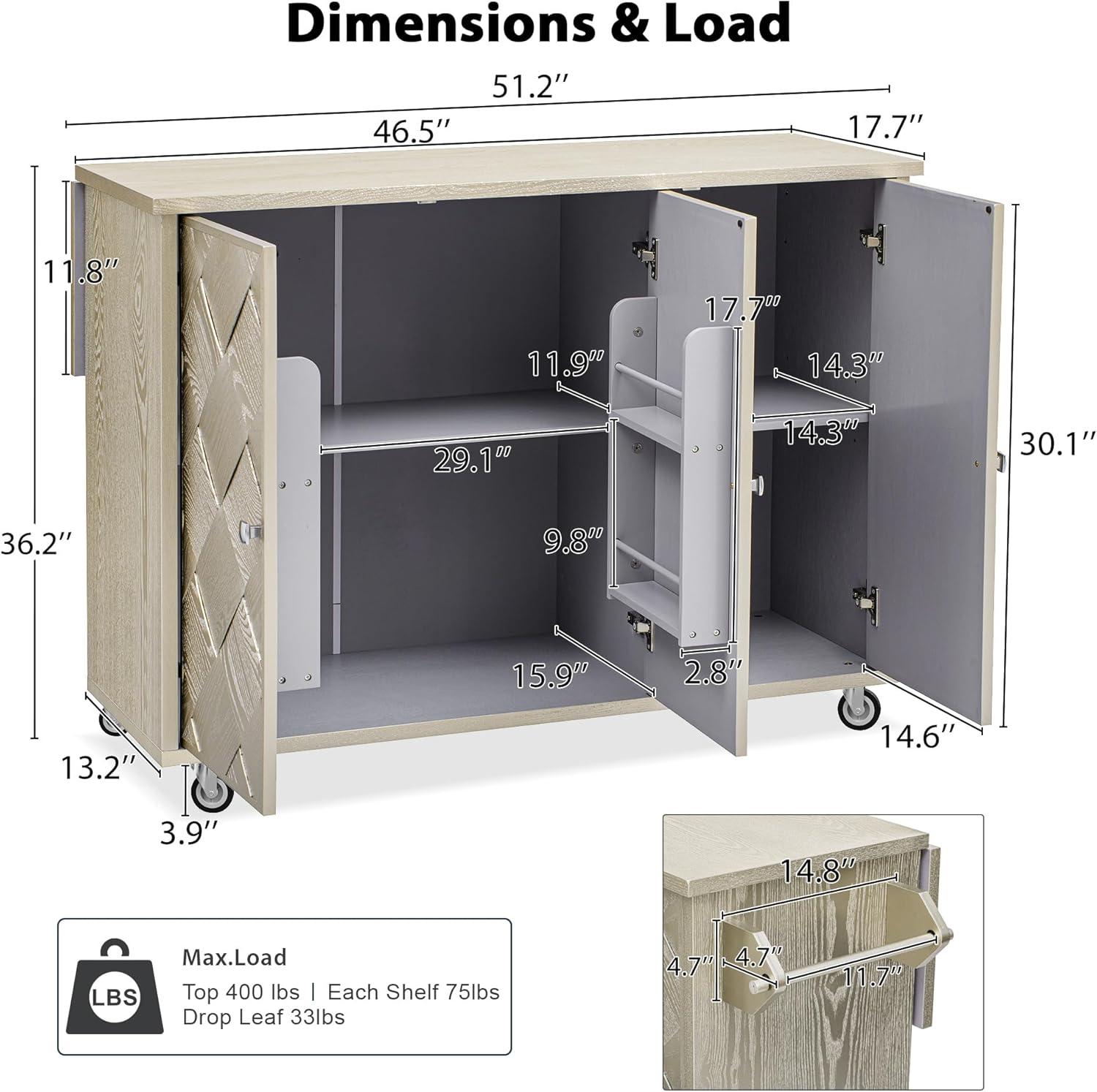 Ball & Cast Kitchen Island with Internal Storage Rack & Drop Leaf,Rolling Kitchen Cart W/Adjustable Shelves and Towel Rack,for Dining Room,Home,Bar,Champagne
